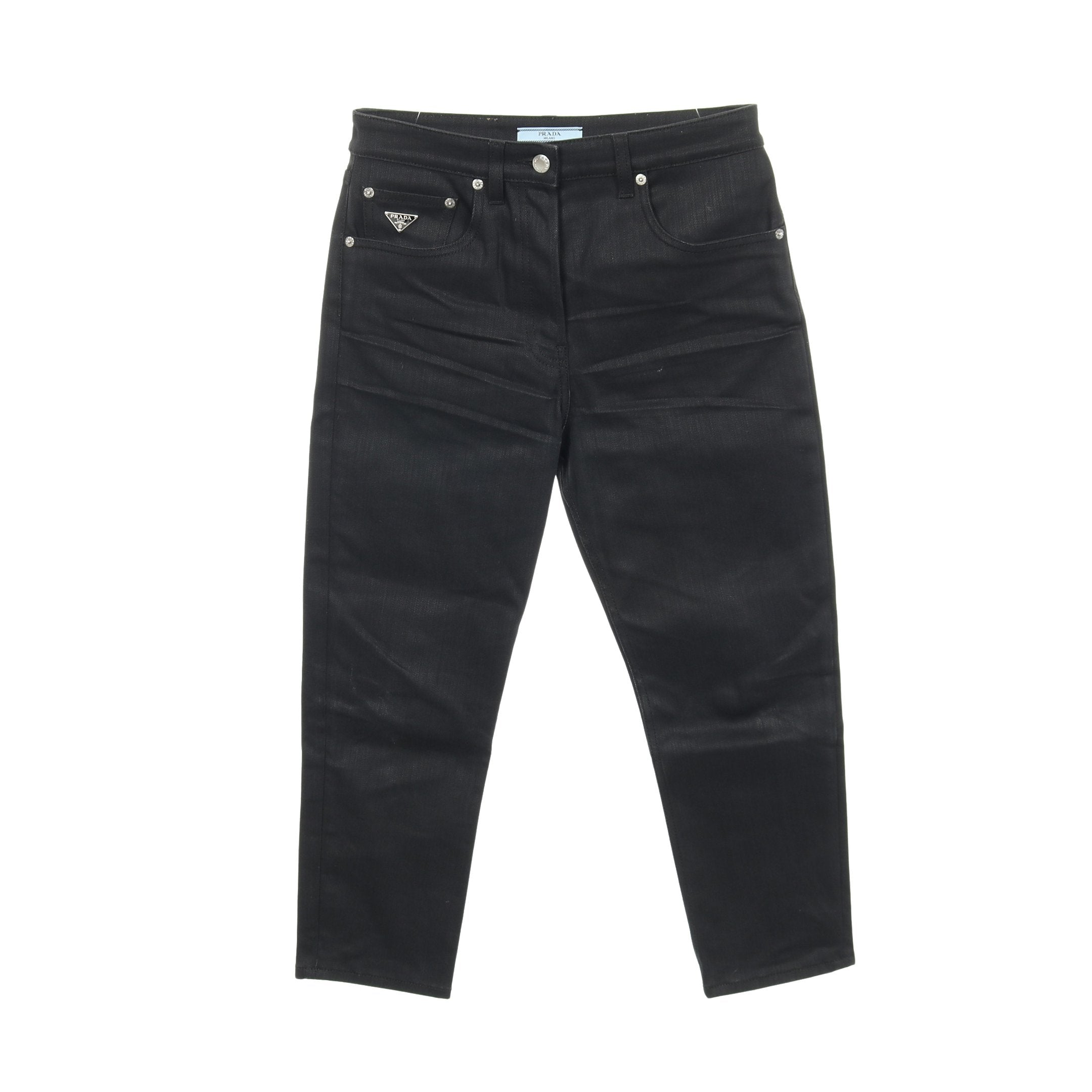 Jane Prada プラダ プレートロゴ デニムパンツ Black デニムパンツ コットン ブラック ボタンフライ プラダ – RECLO