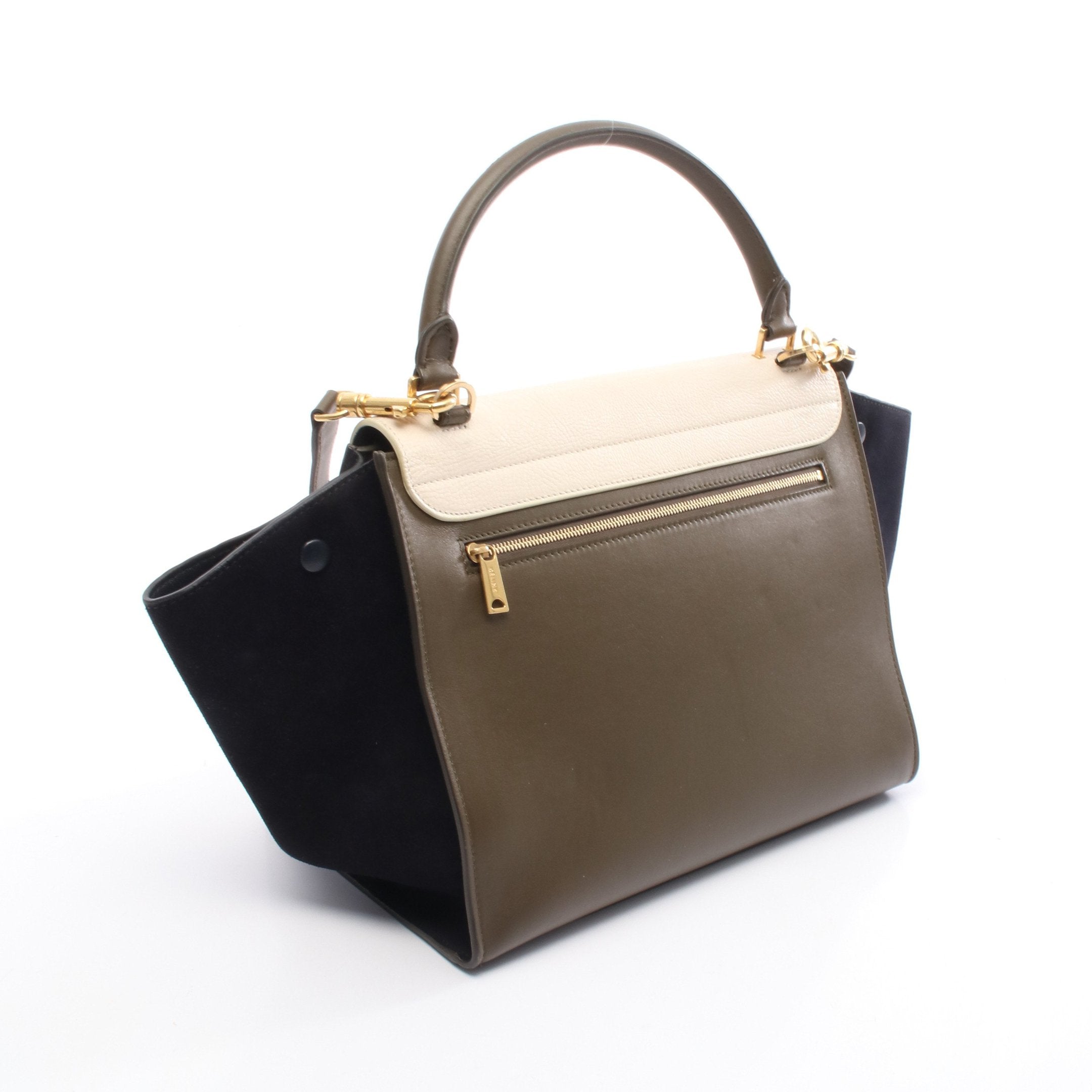 トラペーズ ミディアム ハンドバッグ レザー スエード カーキグリーン