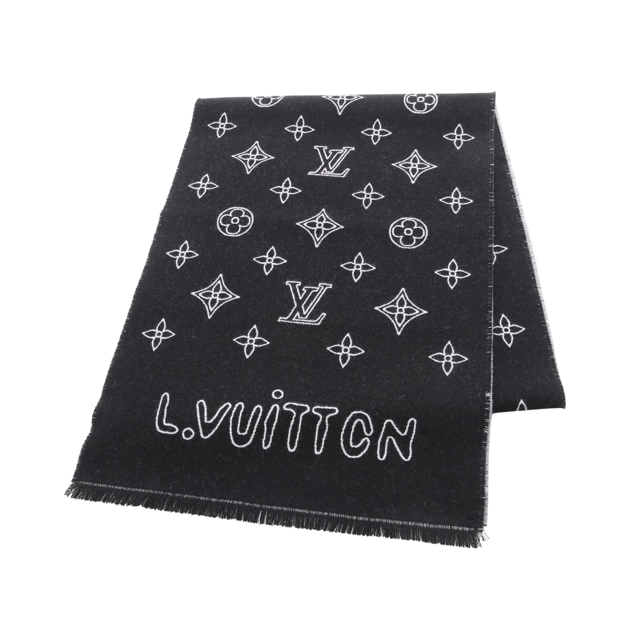 Louis Vuitton モノグラムマフラー ブラック/ホワイト　カシミヤ モノグラム ブラスト マフラー ウール ブラック ホワイト ルイヴィトン