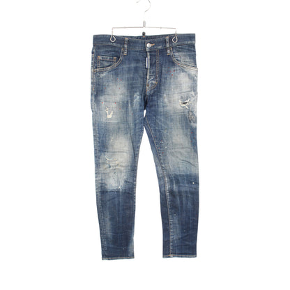 SKATER JEAN デニムパンツ ロゴワッペン コットン インディゴブルー ダメージ加工 ペイント加工 ボタンフライ ディースクエアード ボトムス DSQUARED2