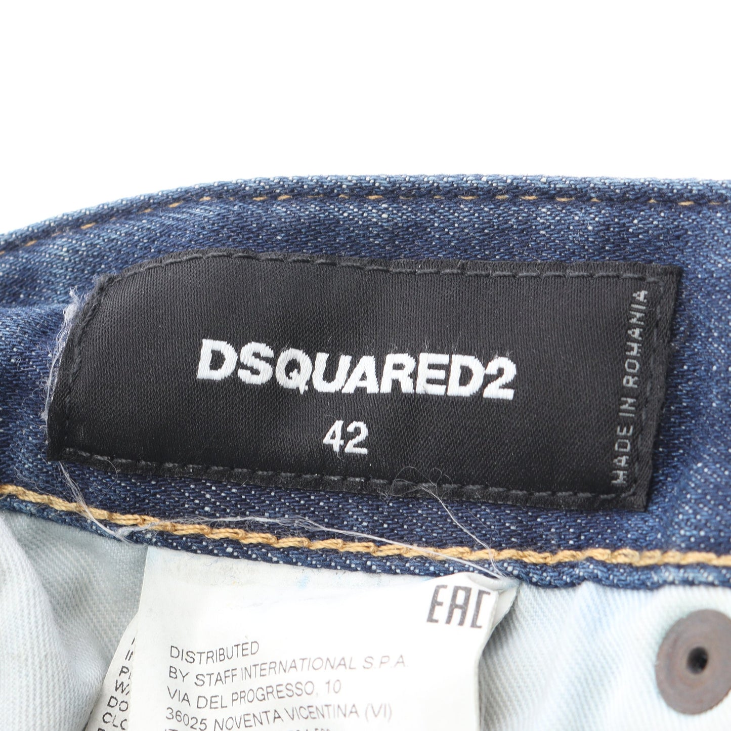 SKATER JEAN デニムパンツ ロゴワッペン コットン インディゴブルー ダメージ加工 ペイント加工 ボタンフライ ディースクエアード ボトムス DSQUARED2