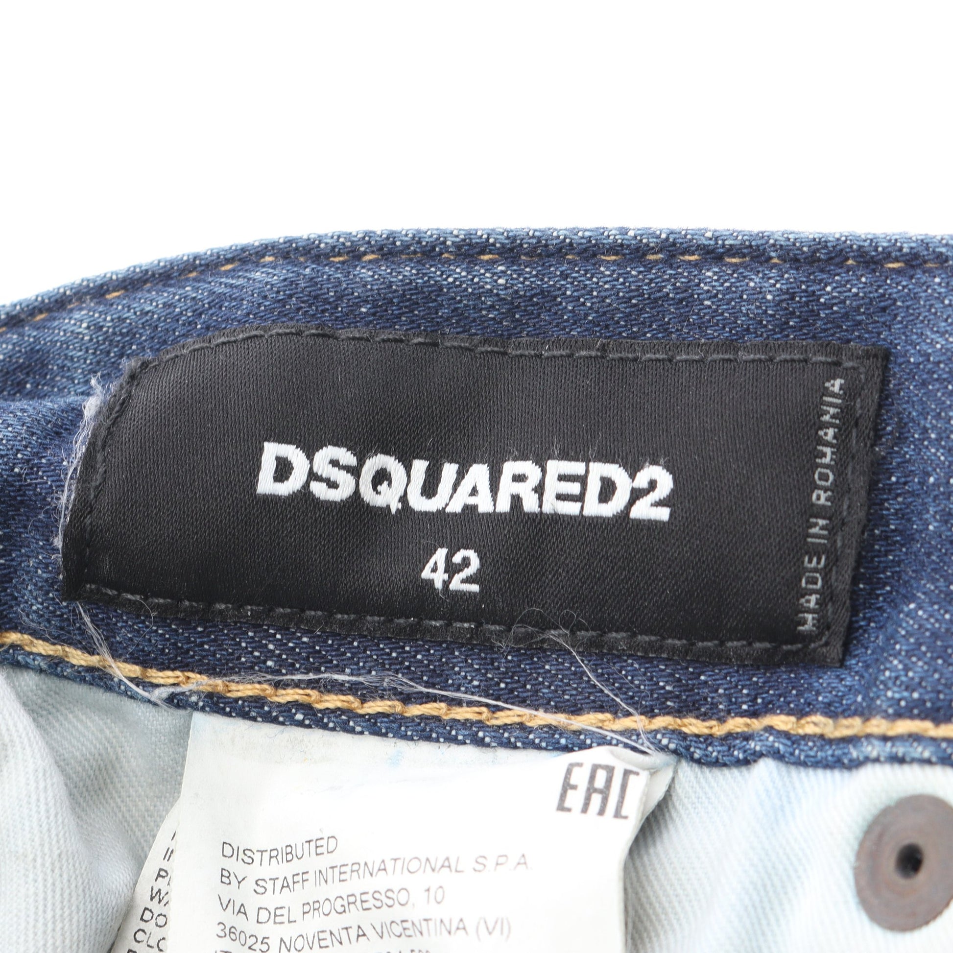 SKATER JEAN デニムパンツ ロゴワッペン コットン インディゴブルー ダメージ加工 ペイント加工 ボタンフライ ディースクエアード ボトムス DSQUARED2