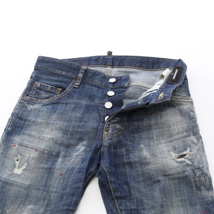 SKATER JEAN デニムパンツ ロゴワッペン コットン インディゴブルー ダメージ加工 ペイント加工 ボタンフライ ディースクエアード ボトムス DSQUARED2