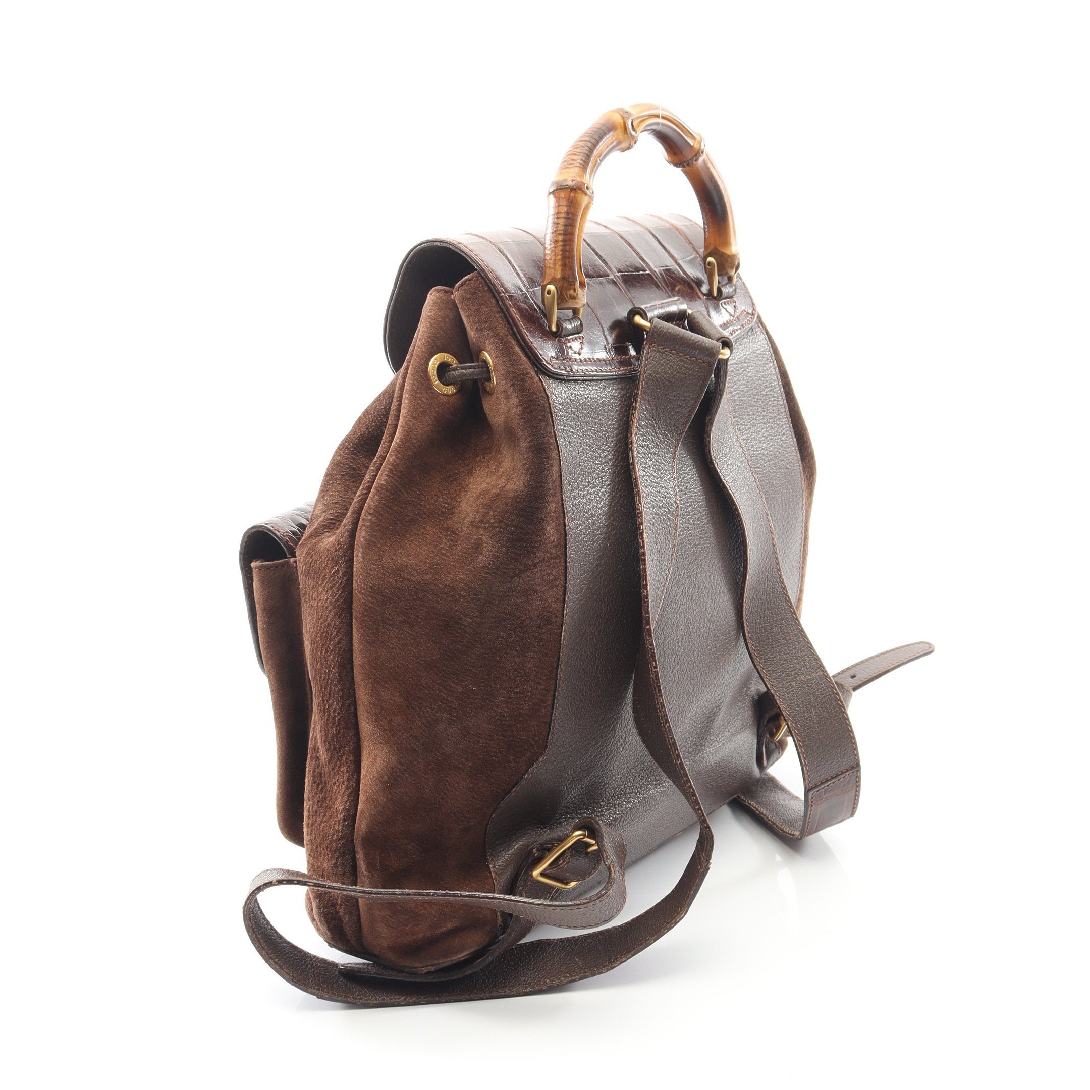 GUCCI スエードブラウンリュック GUCCI バンブー バックパック ブラウン ゴールド スエード | MixTHINKS