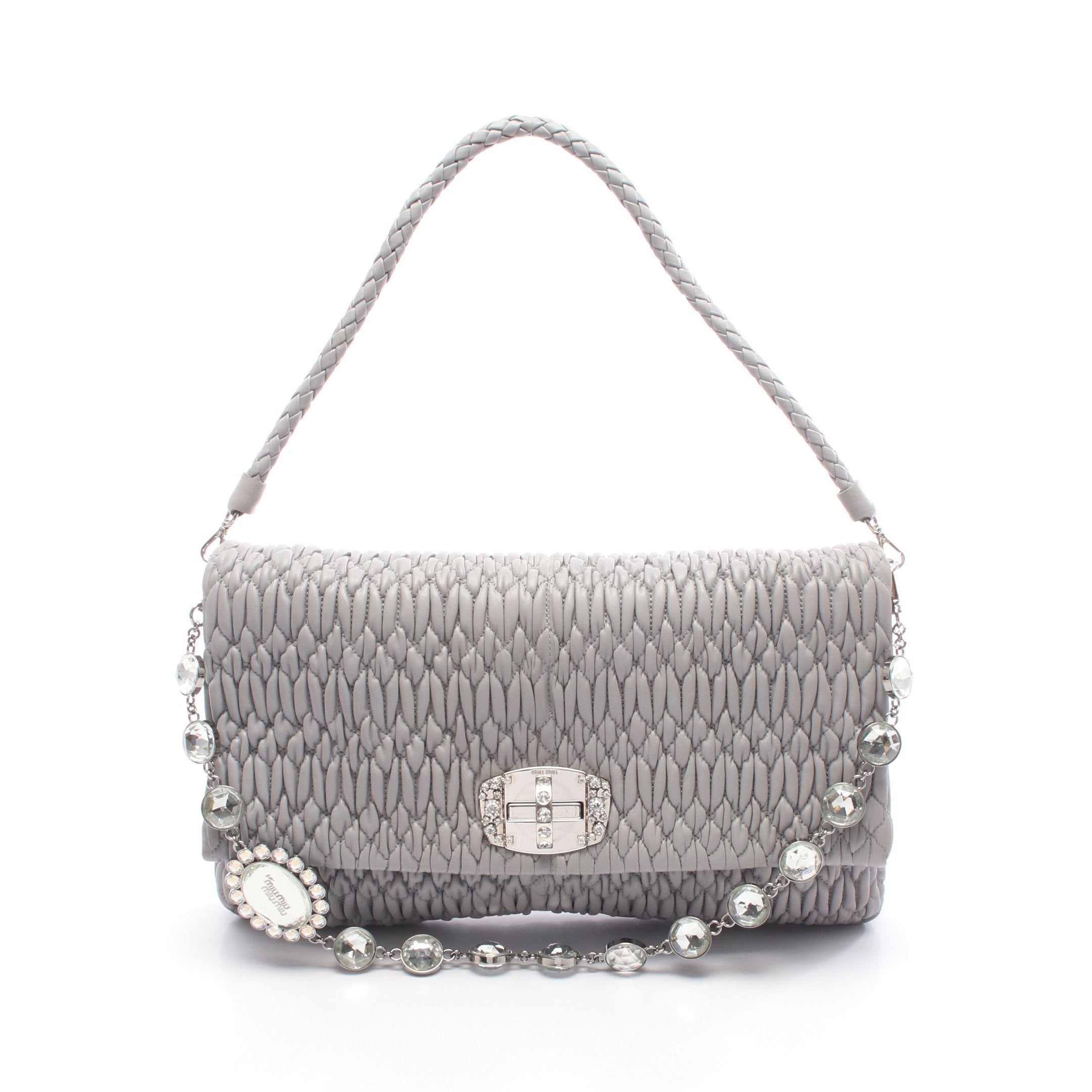 マテラッセ チェーンショルダーバッグ レザー グレー ミュウミュウ – RECLO