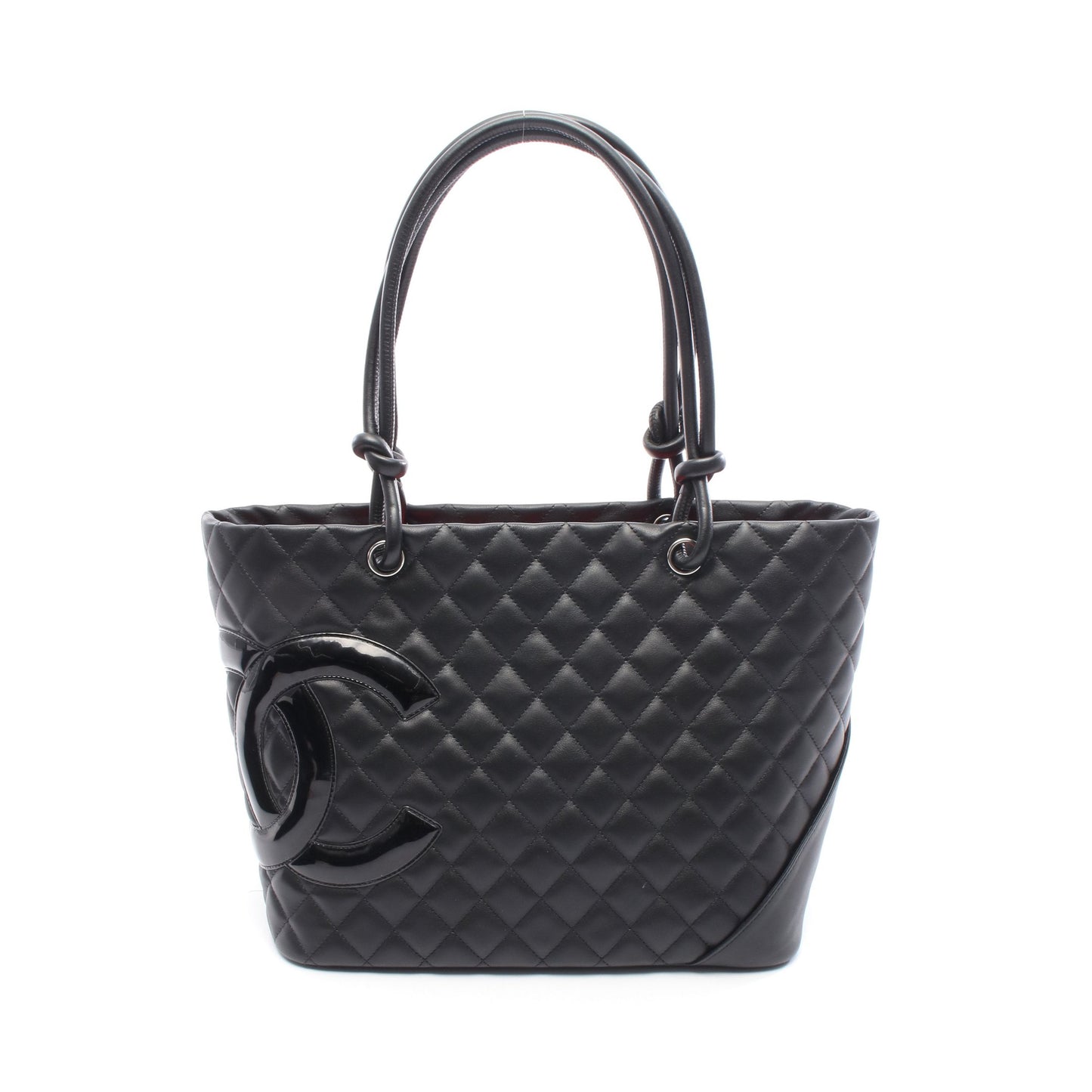 カンボンライン ラージ ショルダーバッグ トートバッグ レザー エナメルレザー ブラック シルバー金具 シャネル バッグ CHANEL