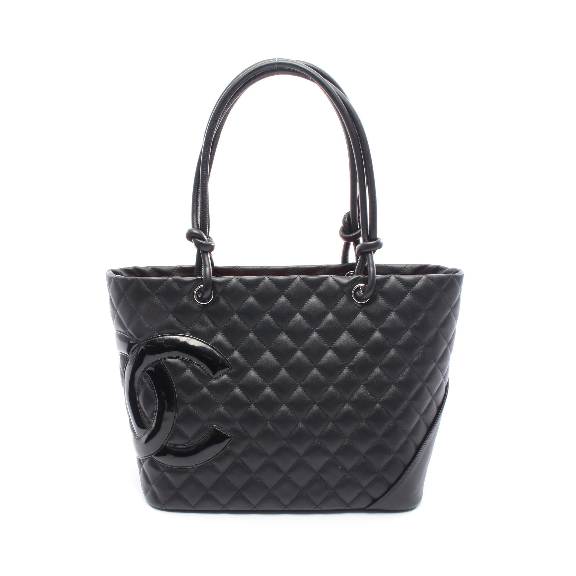 カンボンライン ラージ ショルダーバッグ トートバッグ レザー エナメルレザー ブラック シルバー金具 シャネル バッグ CHANEL