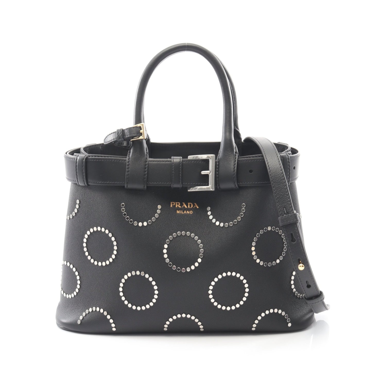 SOFT GRAIN VITE バックル ハンドバッグ トートバッグ レザー ブラック スタッズ 2WAY プラダ バッグ PRADA