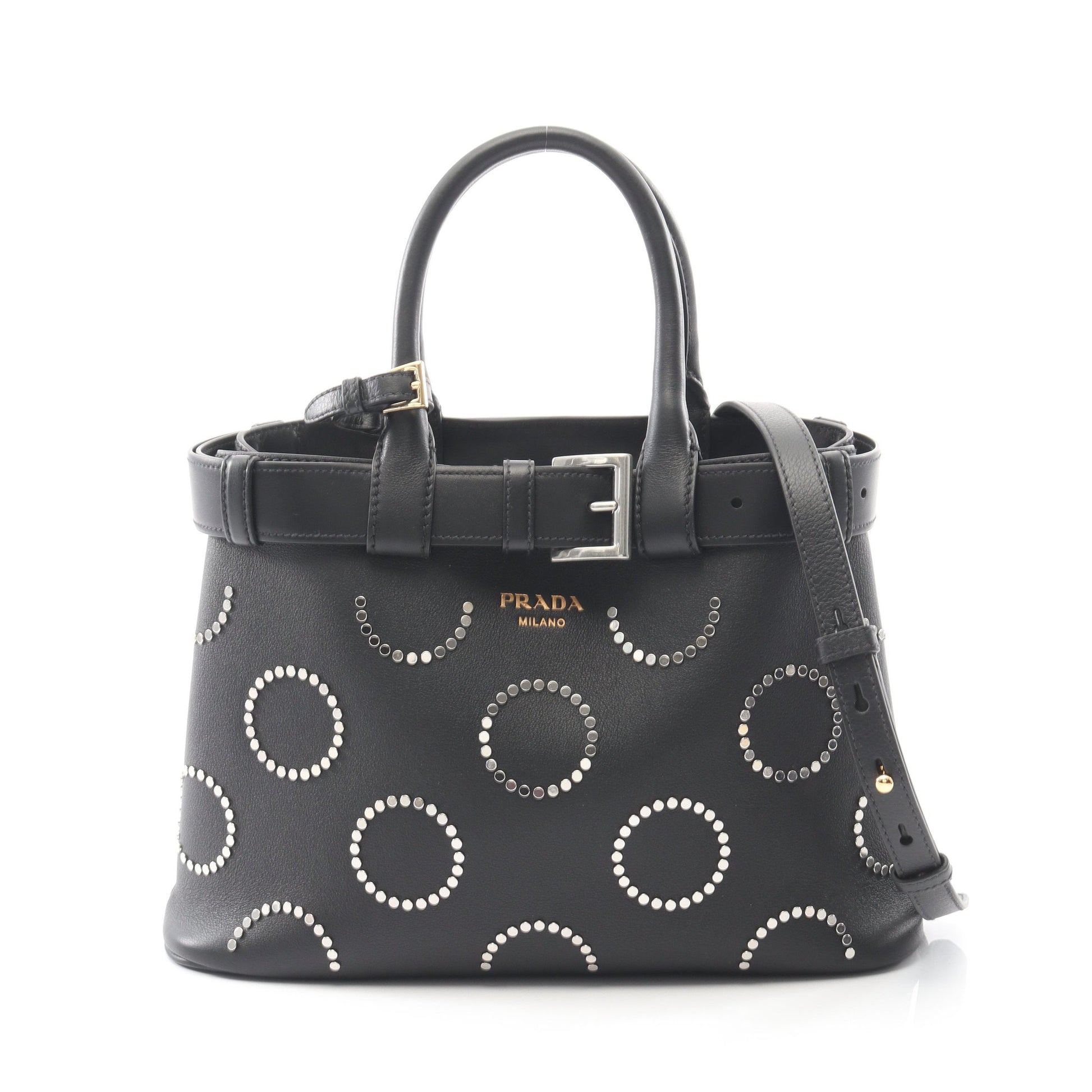 SOFT GRAIN VITE バックル ハンドバッグ トートバッグ レザー ブラック スタッズ 2WAY プラダ バッグ PRADA