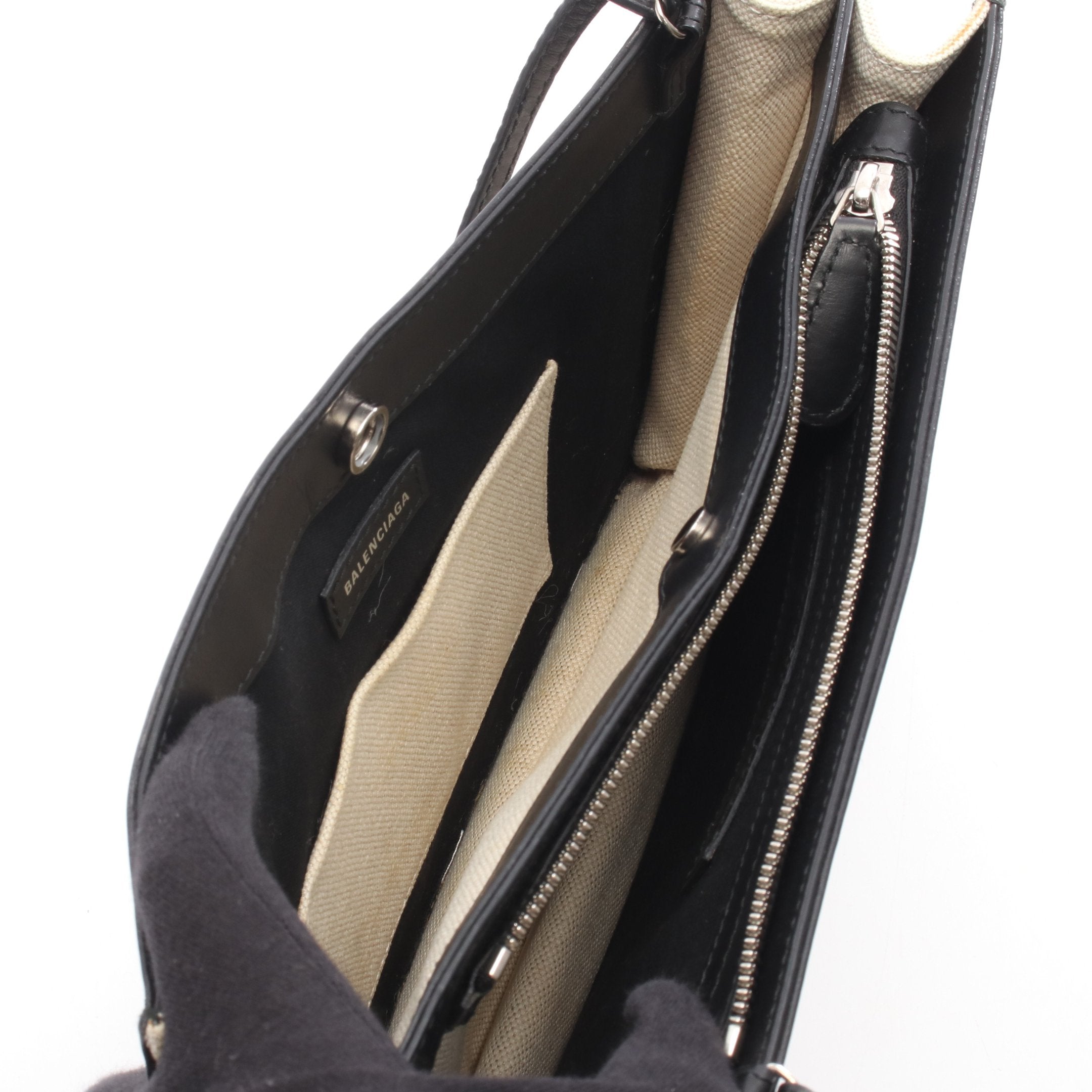 ネイビー ポシェット ショルダーバッグ キャンバス レザー アイボリー