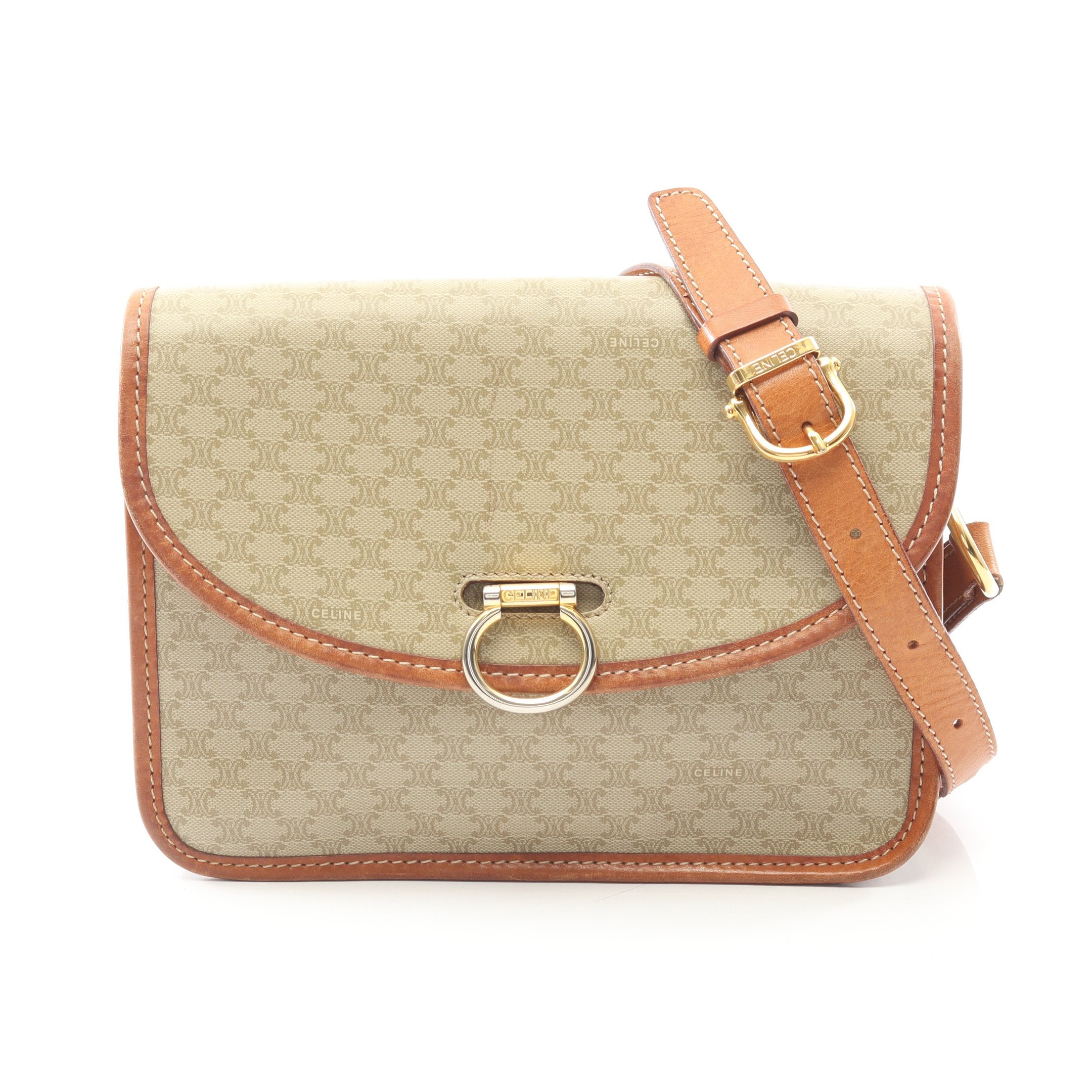 マカダム ショルダーバッグ PVC レザー ベージュ ブラウン セリーヌ