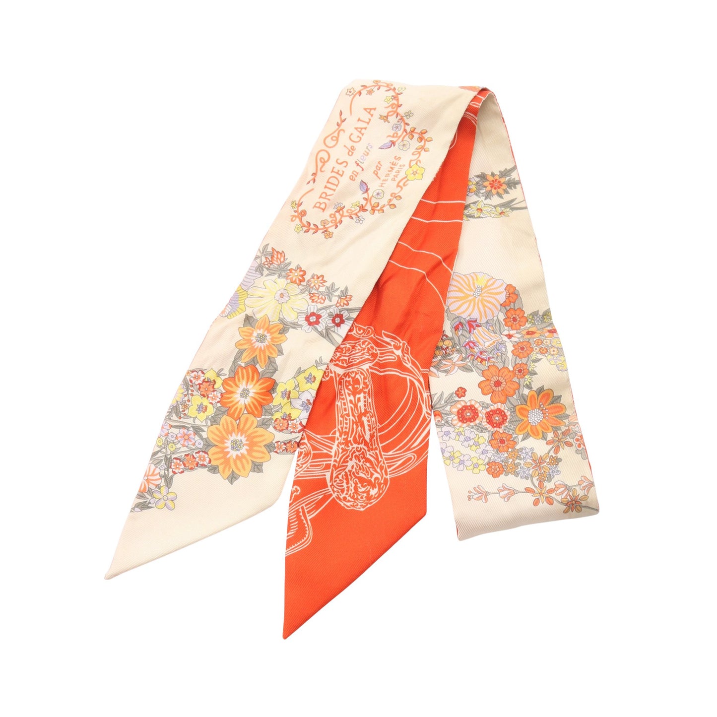 ツイリー BRIDES de GALA en fleurs リボン スカーフ シルク ベージュ オレンジレッド マルチカラー エルメス 財布・小物 HERMES