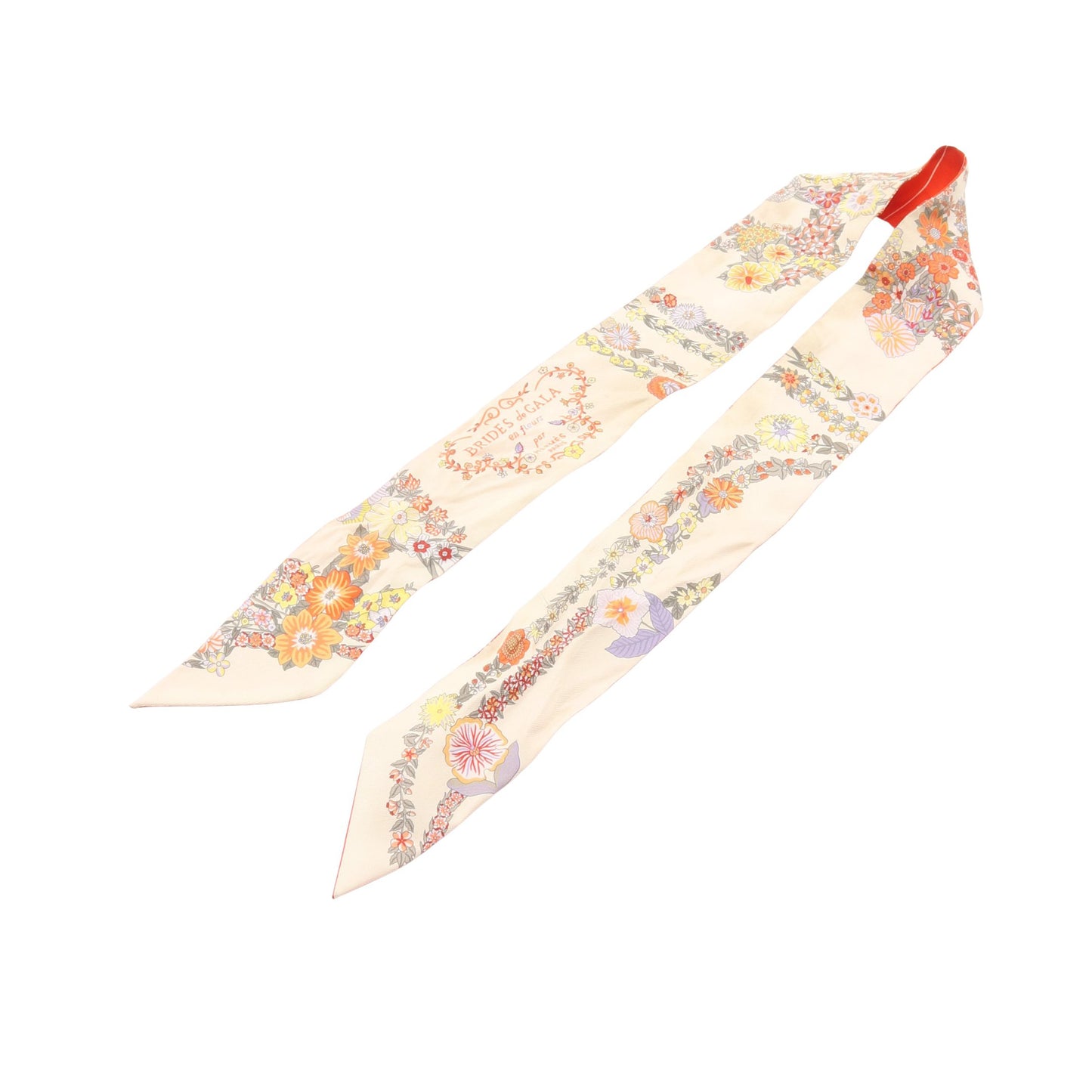 ツイリー BRIDES de GALA en fleurs リボン スカーフ シルク ベージュ オレンジレッド マルチカラー エルメス 財布・小物 HERMES
