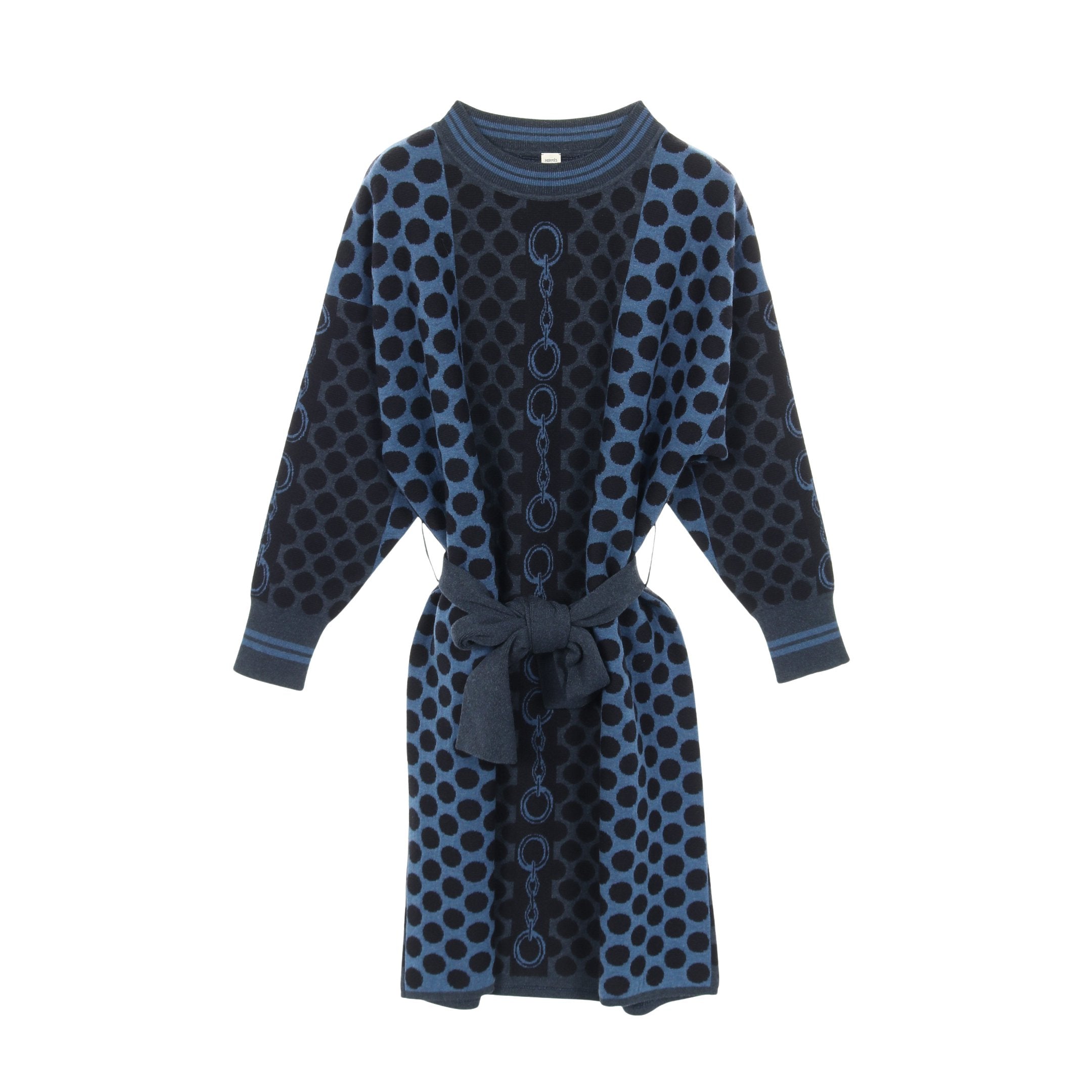 ニットワンピース 長袖 ドット ウール ブルー グレー ブラック