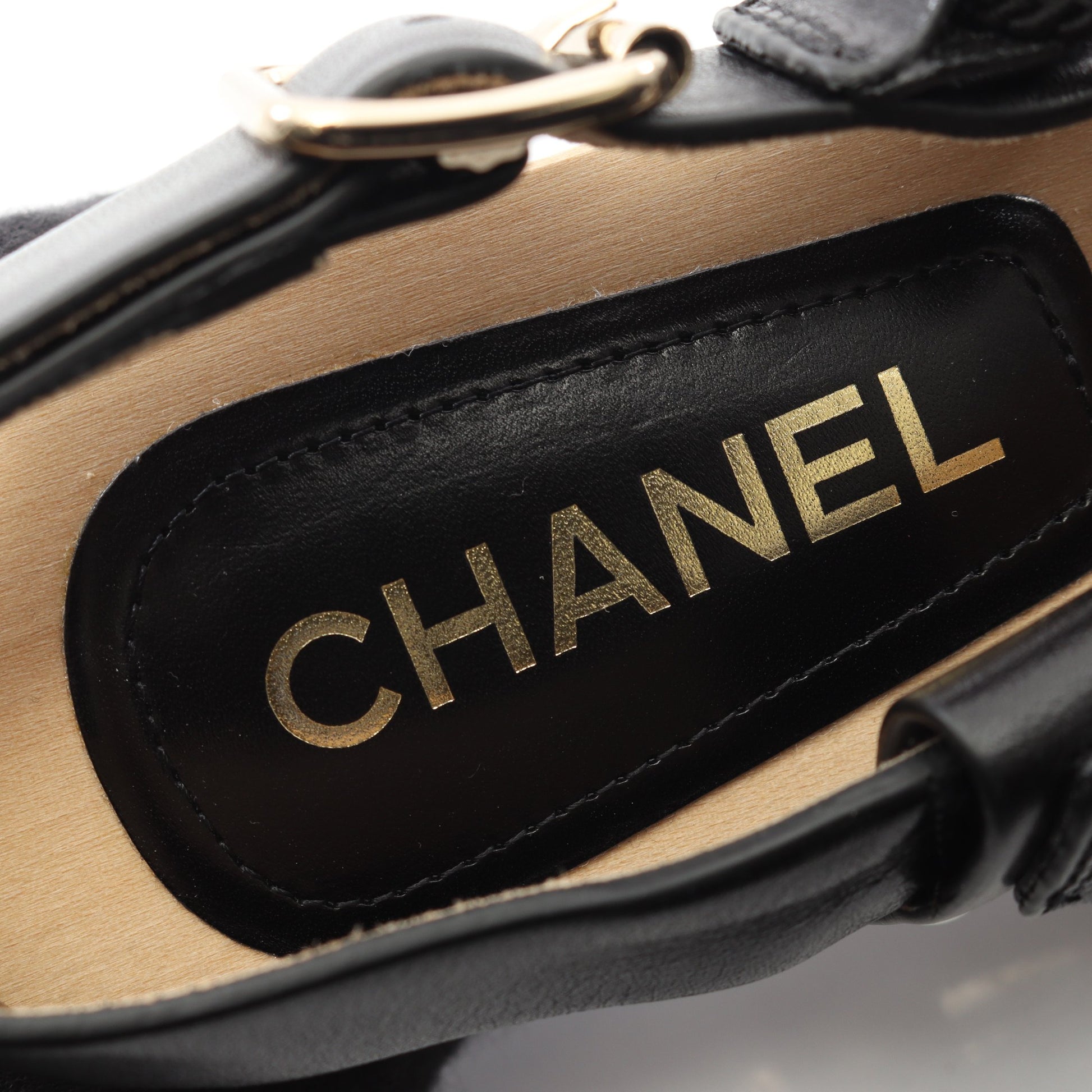 ココマーク サンダル レザー ブラック パール ウッドソール シャネル シューズ CHANEL