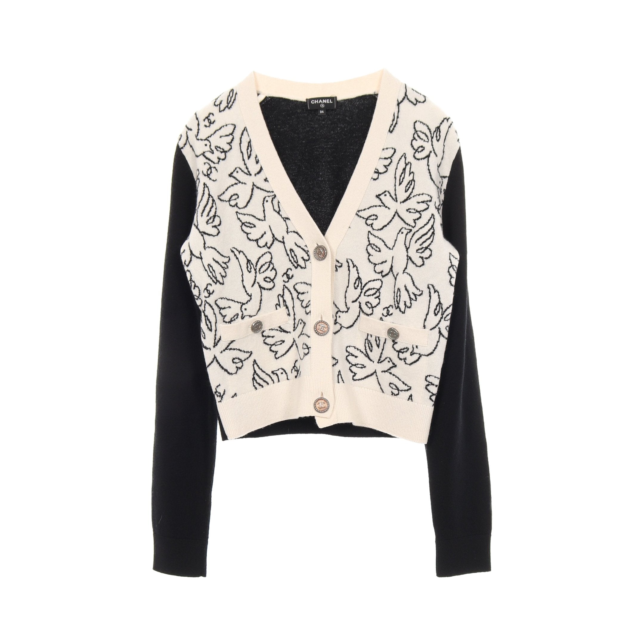 ココマークボタン ニット カーディガン Vネック 鳥 カシミヤ ホワイト