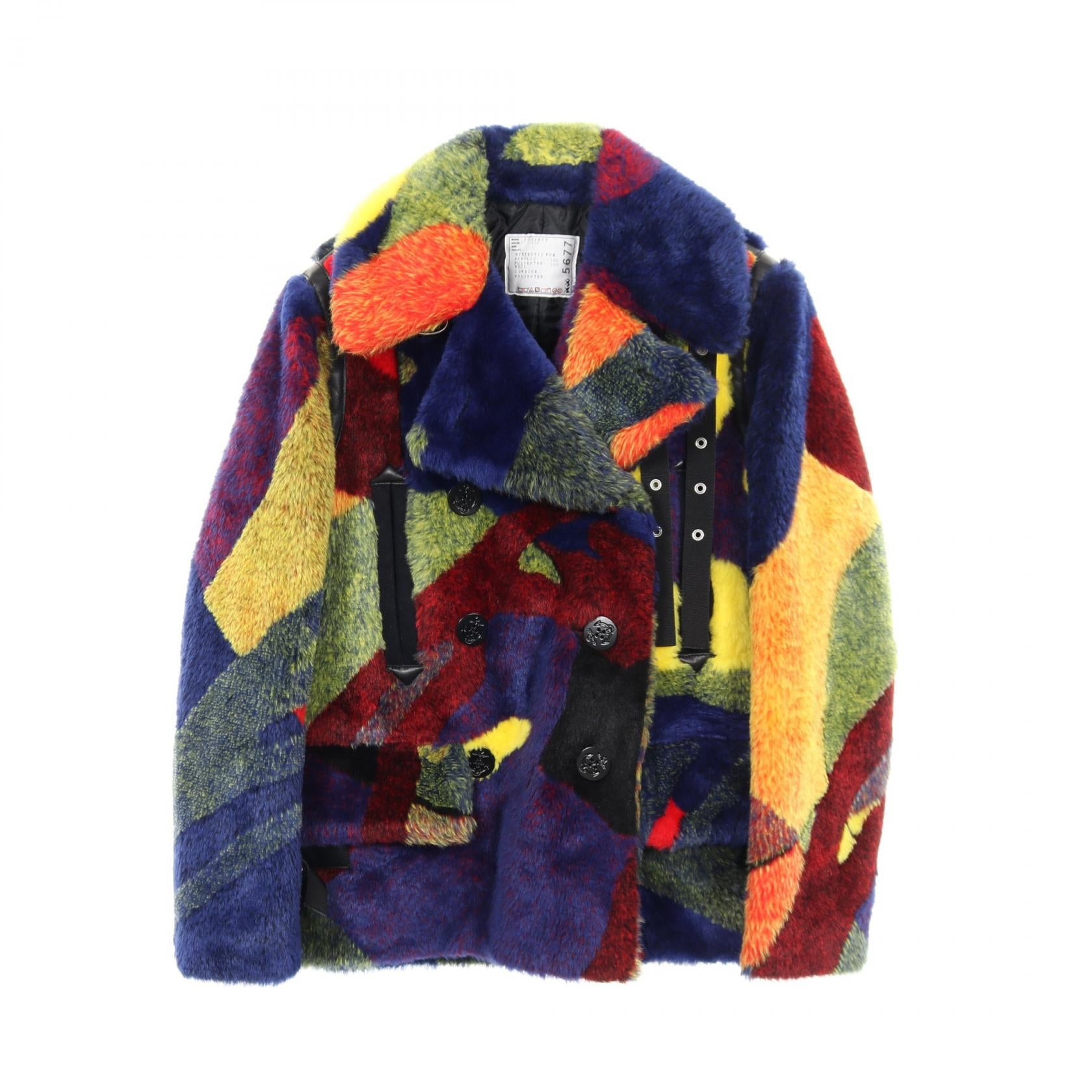 sacai × KAWS ファーコート フェイクファー ネイビー マルチカラー 中綿 ダブルブレスト サカイ アウター sacai