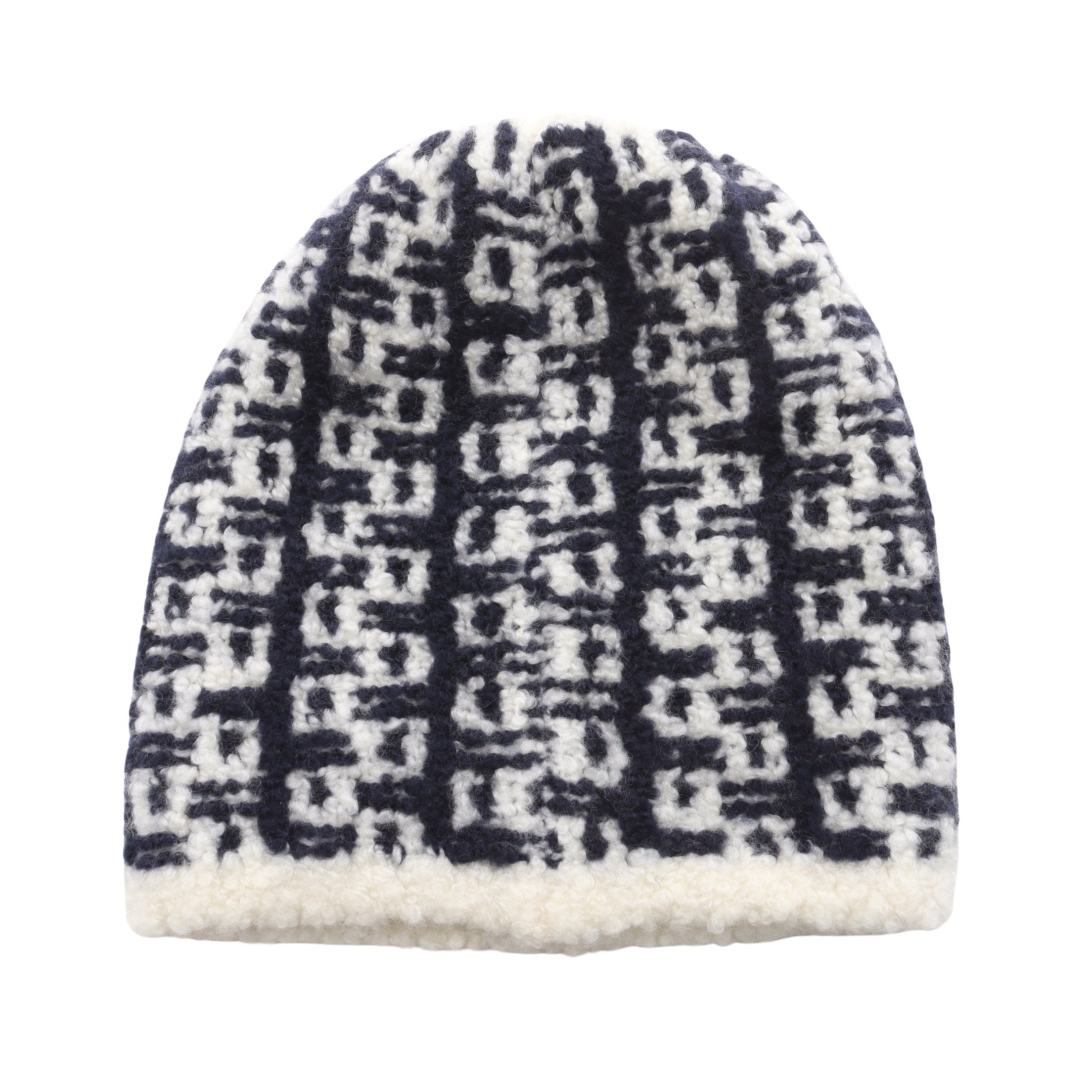 ココマーク ニットキャップ ビーニー 総柄 カシミヤ シルク ネイビー