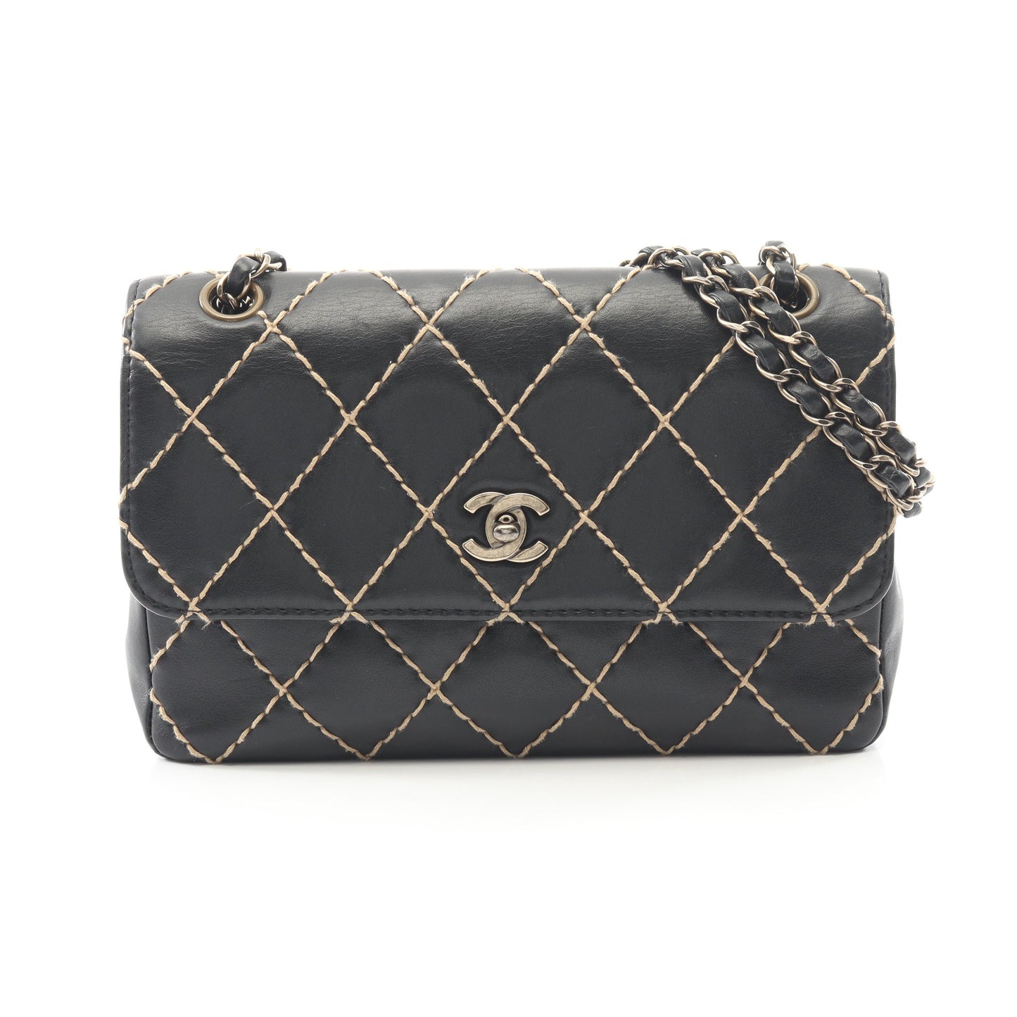 ワイルドステッチ Wチェーンショルダーバッグ レザー ブラック ゴールド金具 シャネル バッグ CHANEL
