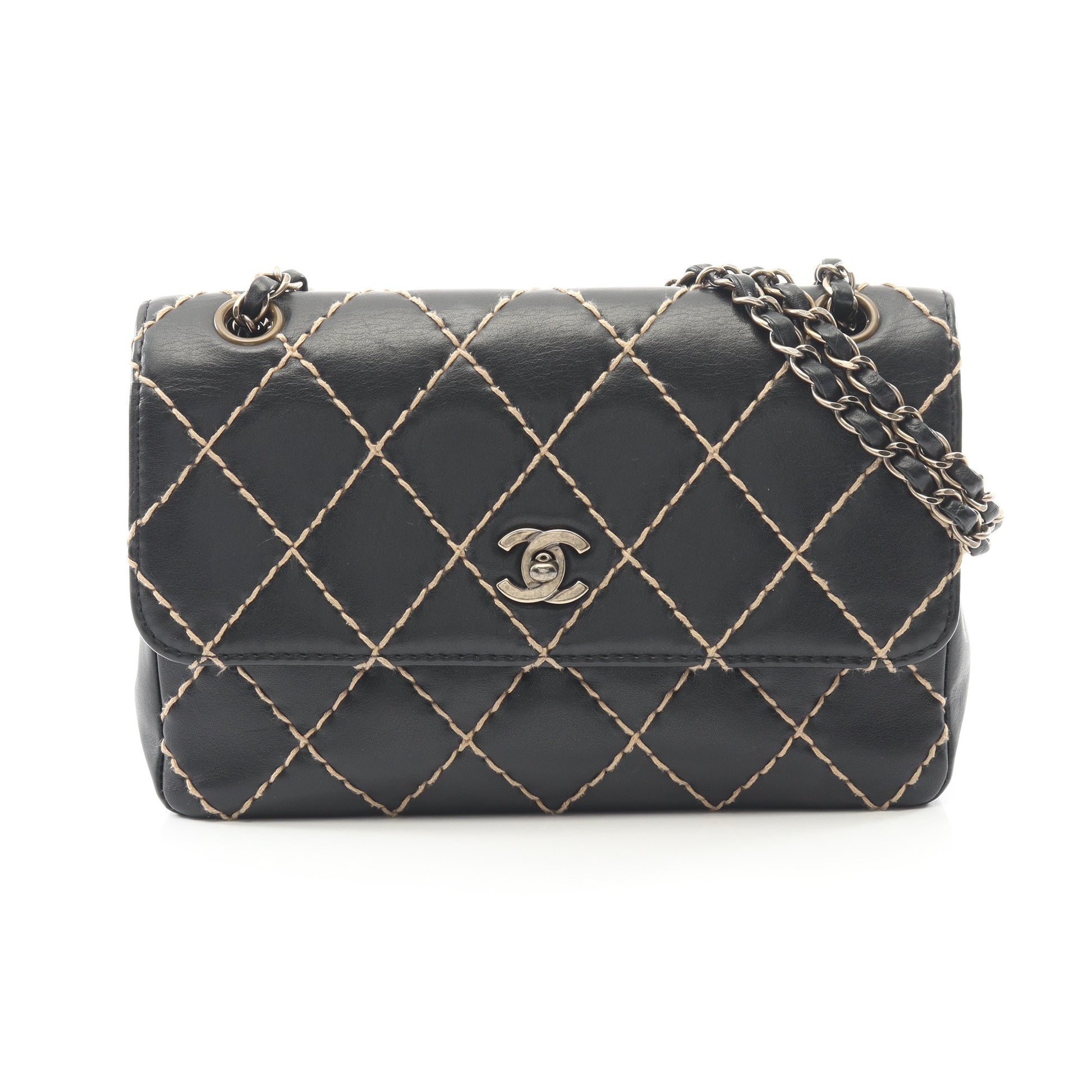 ワイルドステッチ Wチェーンショルダーバッグ レザー ブラック ゴールド金具 シャネル バッグ CHANEL
