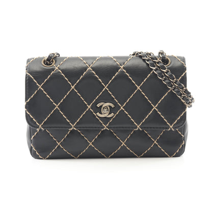 ワイルドステッチ Wチェーンショルダーバッグ レザー ブラック ゴールド金具 シャネル バッグ CHANEL