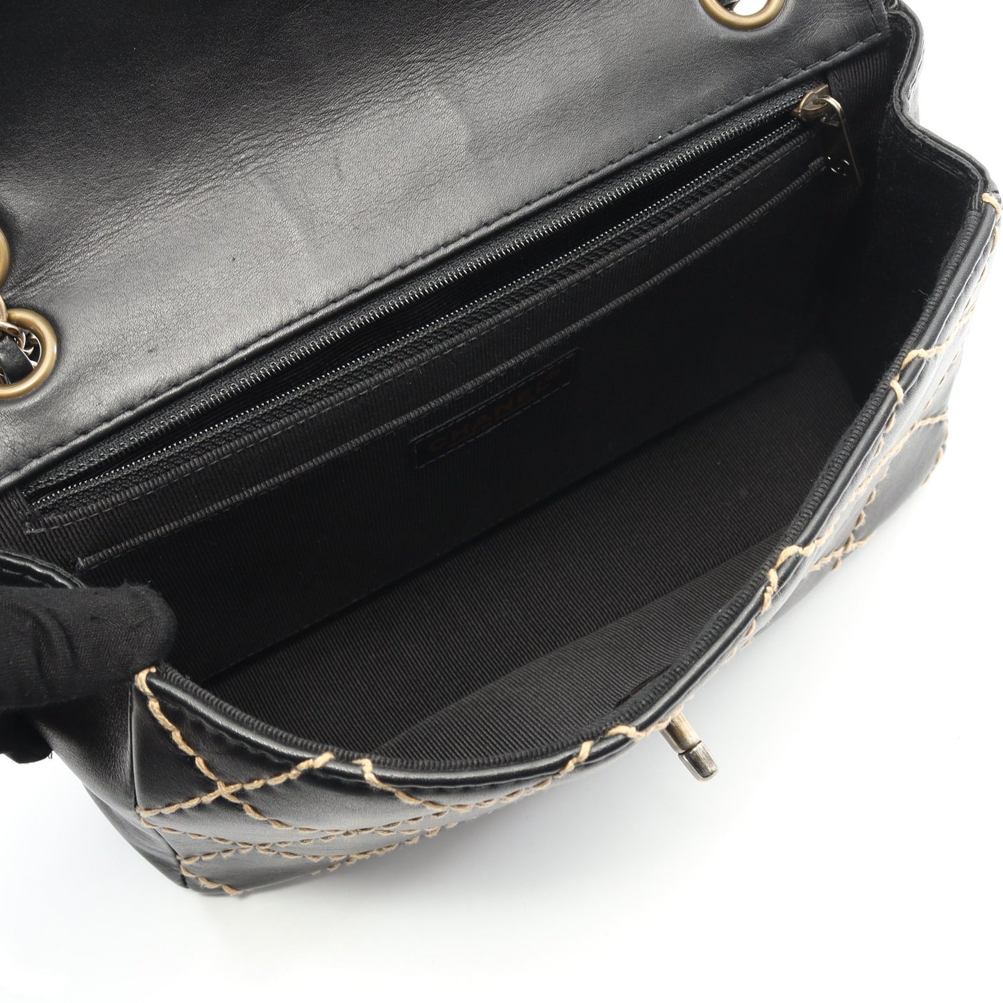ワイルドステッチ Wチェーンショルダーバッグ レザー ブラック ゴールド金具 シャネル バッグ CHANEL