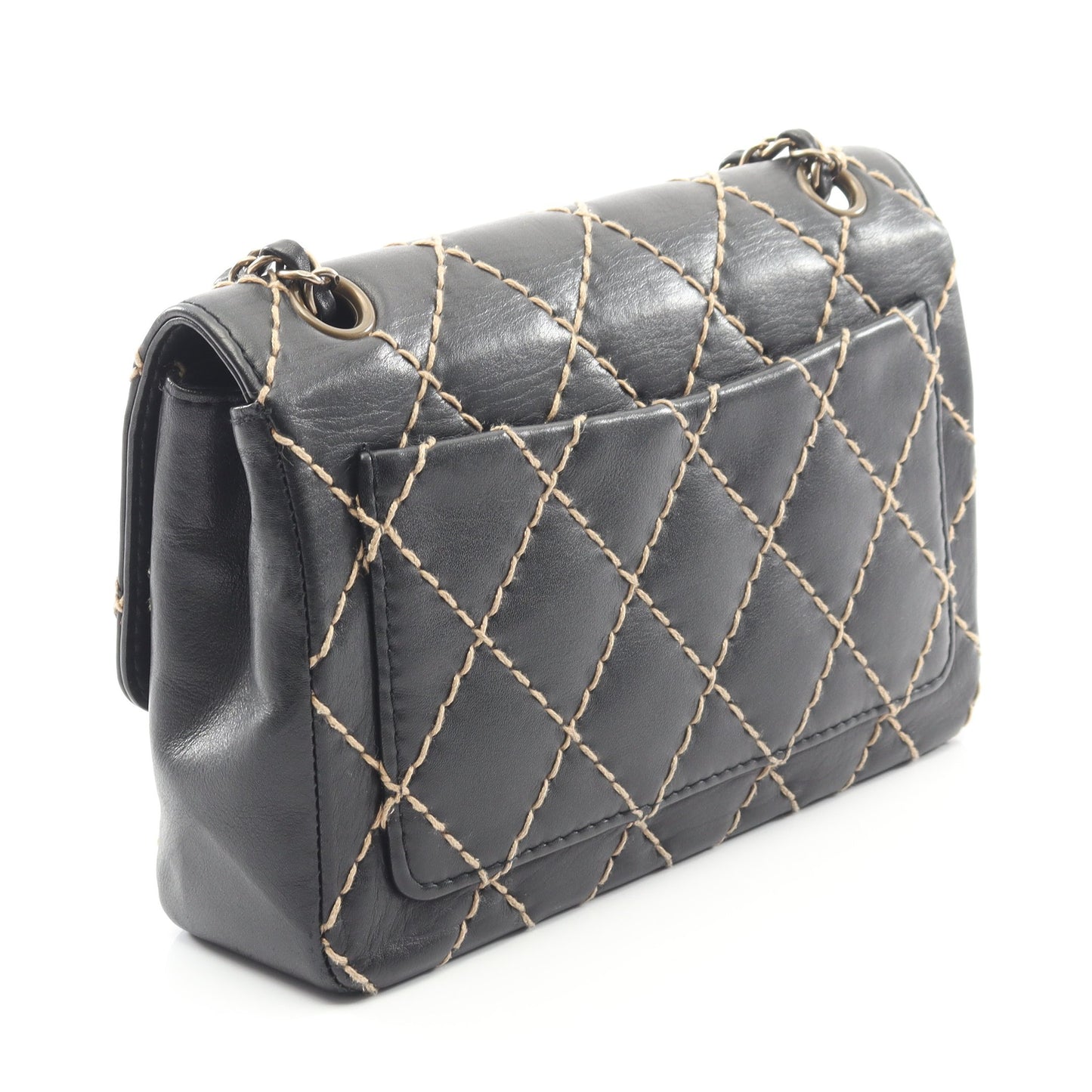 ワイルドステッチ Wチェーンショルダーバッグ レザー ブラック ゴールド金具 シャネル バッグ CHANEL