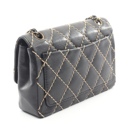 ワイルドステッチ Wチェーンショルダーバッグ レザー ブラック ゴールド金具 シャネル バッグ CHANEL