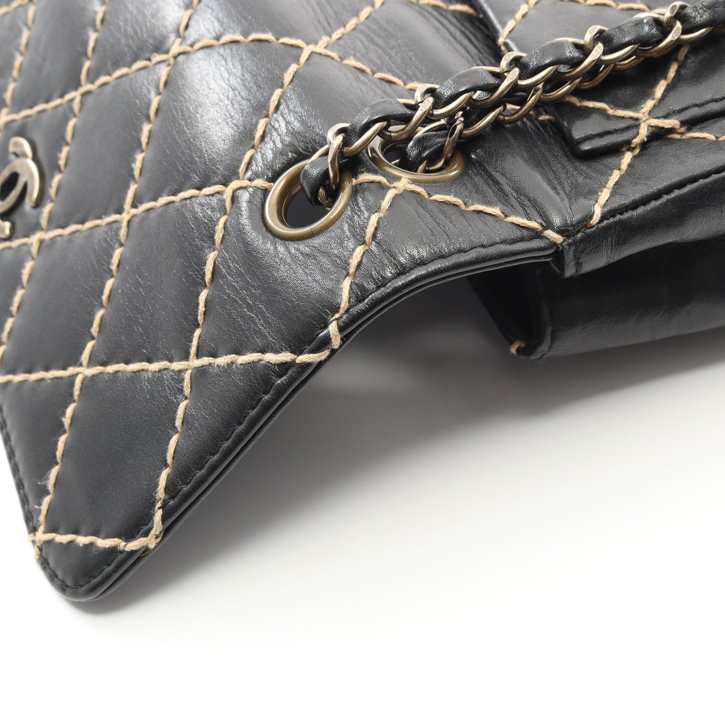 ワイルドステッチ Wチェーンショルダーバッグ レザー ブラック ゴールド金具 シャネル バッグ CHANEL