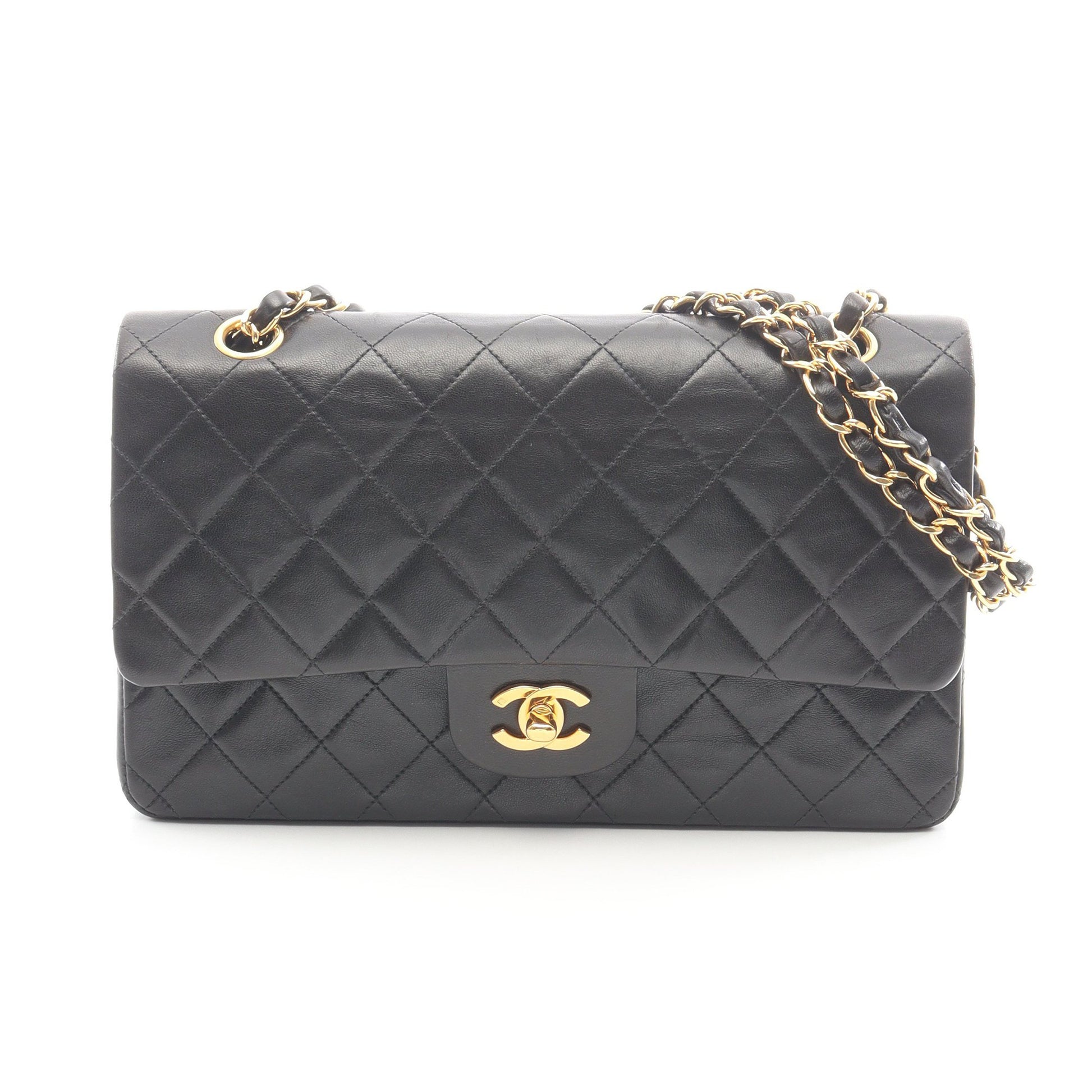 マトラッセ Wフラップ Wチェーンショルダーバッグ ラムスキン ブラック ゴールド金具 シャネル バッグ CHANEL