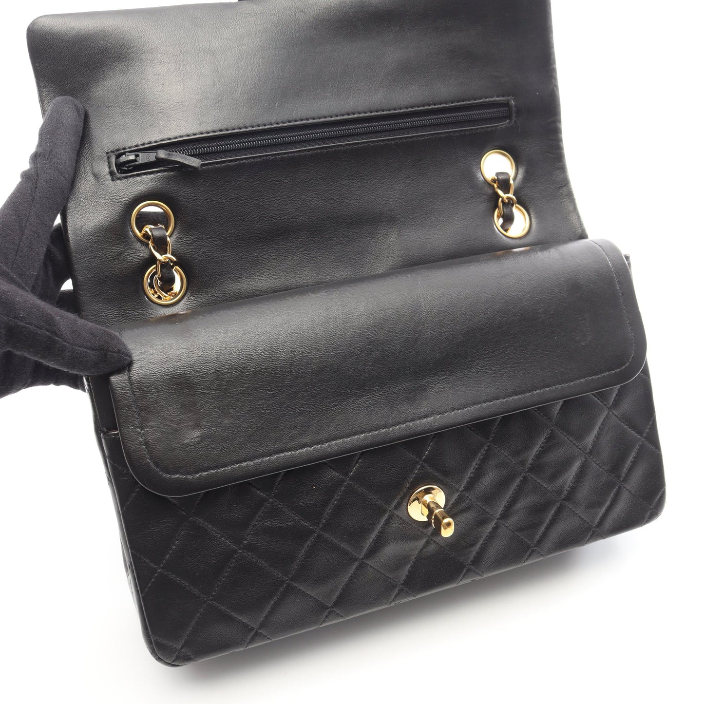 マトラッセ Wフラップ Wチェーンショルダーバッグ ラムスキン ブラック ゴールド金具 シャネル バッグ CHANEL