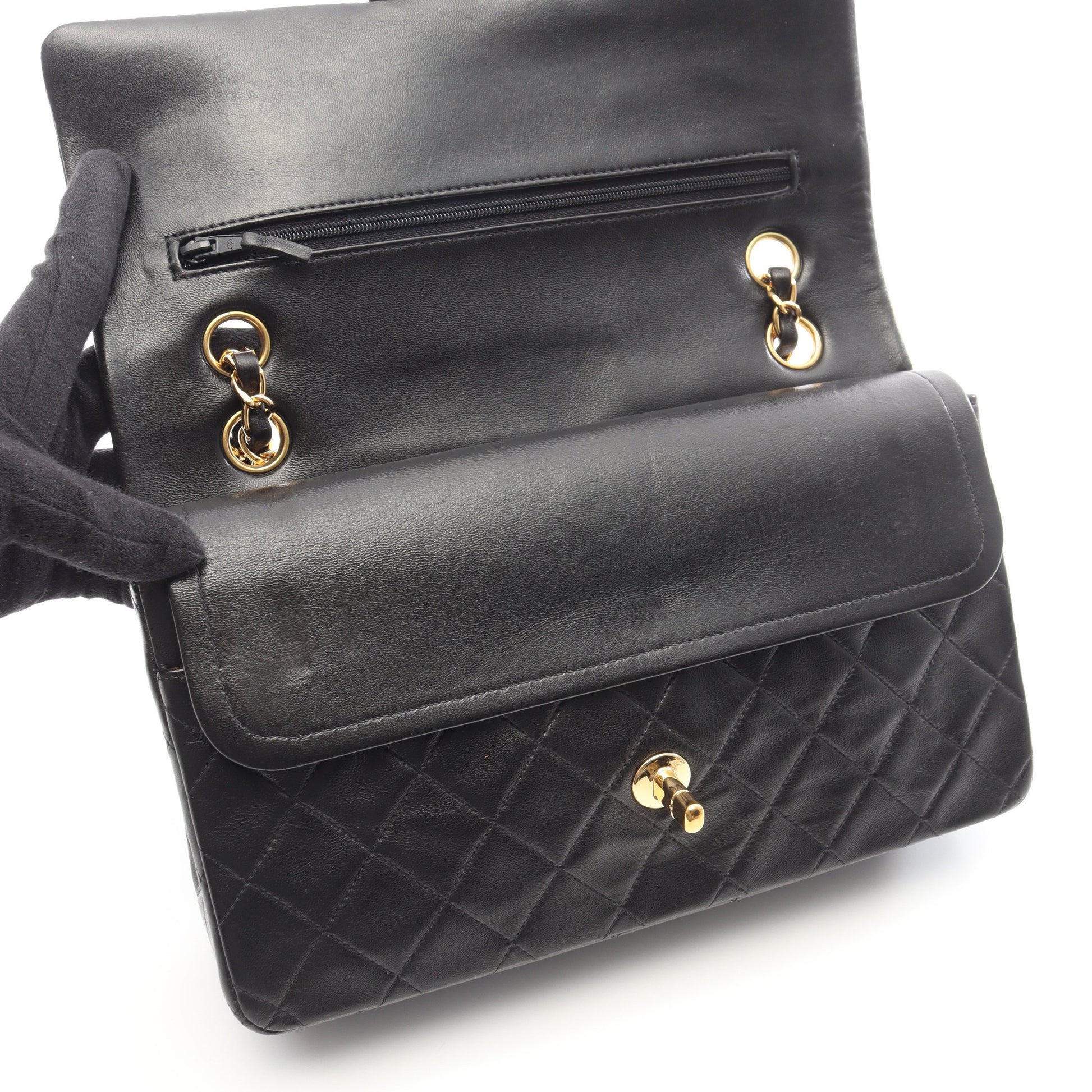 マトラッセ Wフラップ Wチェーンショルダーバッグ ラムスキン ブラック ゴールド金具 シャネル バッグ CHANEL