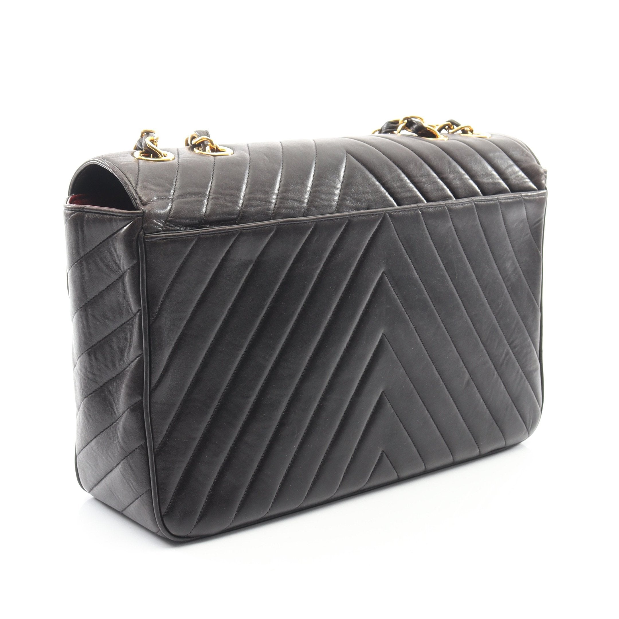 シェブロン Vステッチ Wチェーンショルダーバッグ ラムスキン ブラック