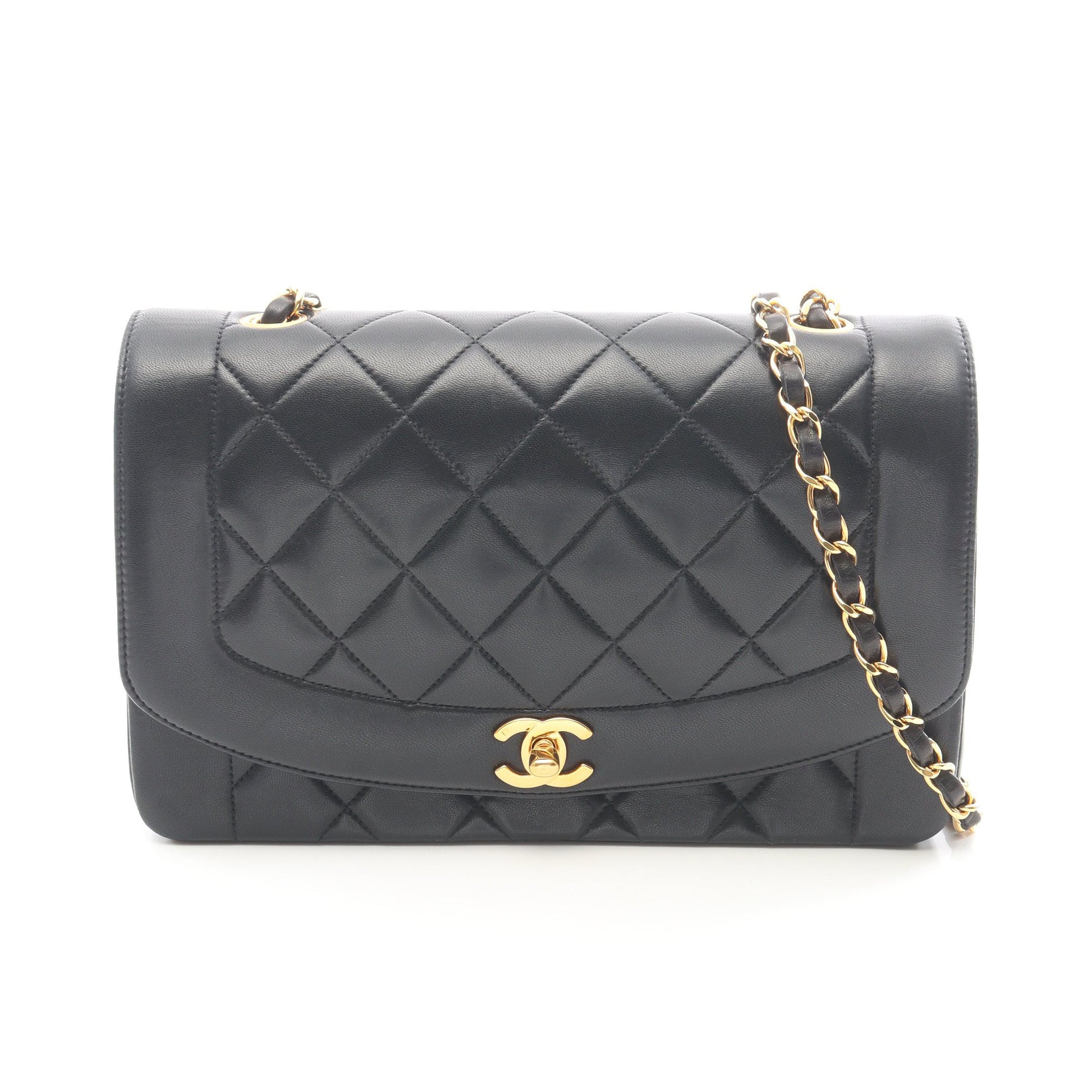 マトラッセ ダイアナフラップ チェーンショルダーバッグ ラムスキン ブラック ゴールド金具 シャネル バッグ CHANEL
