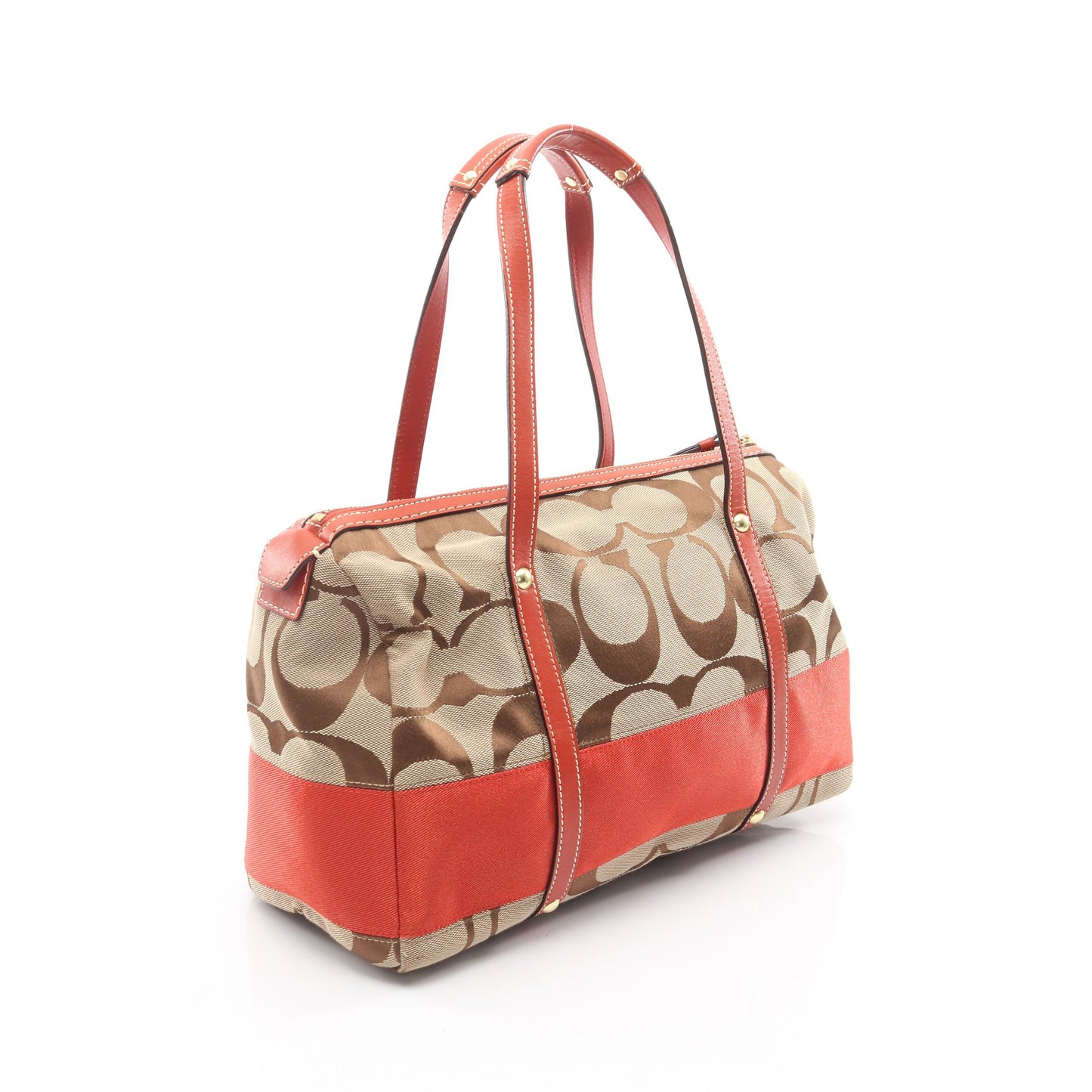 シグネチャー ハンドバッグ ミニボストンバッグ キャンバス レザー カーキベージュ オレンジレッド コーチ バッグ COACH