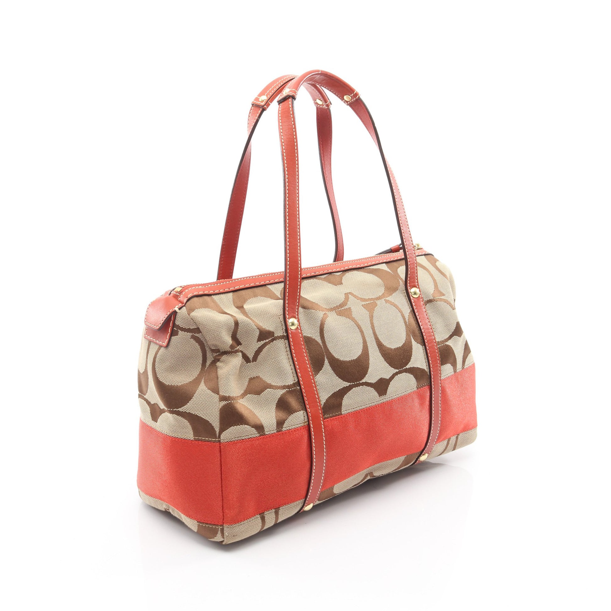 シグネチャー ハンドバッグ ミニボストンバッグ キャンバス レザー カーキベージュ オレンジレッド コーチ バッグ COACH