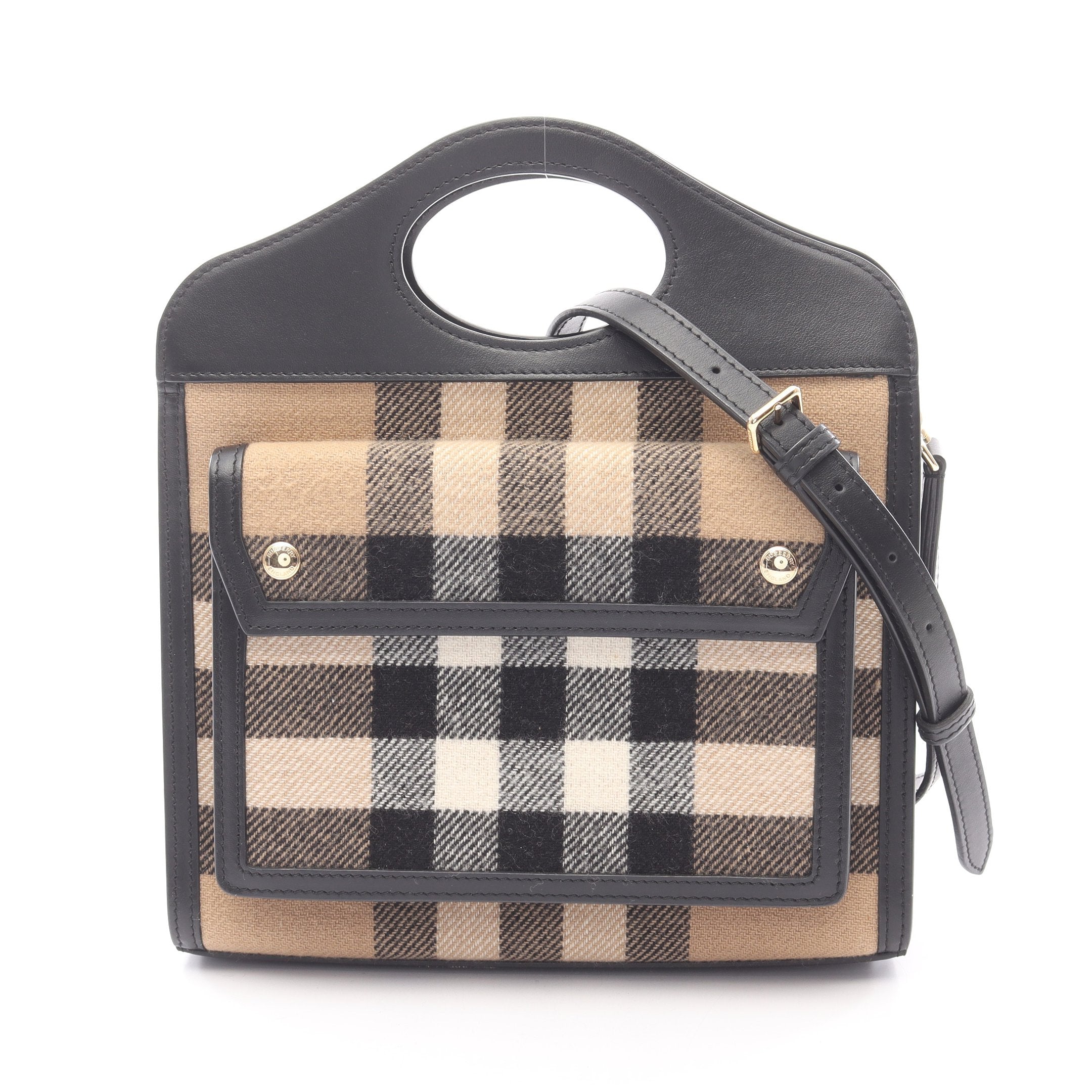 ミニ ポケットバッグ ハンドバッグ チェック カシミヤ レザー ベージュ