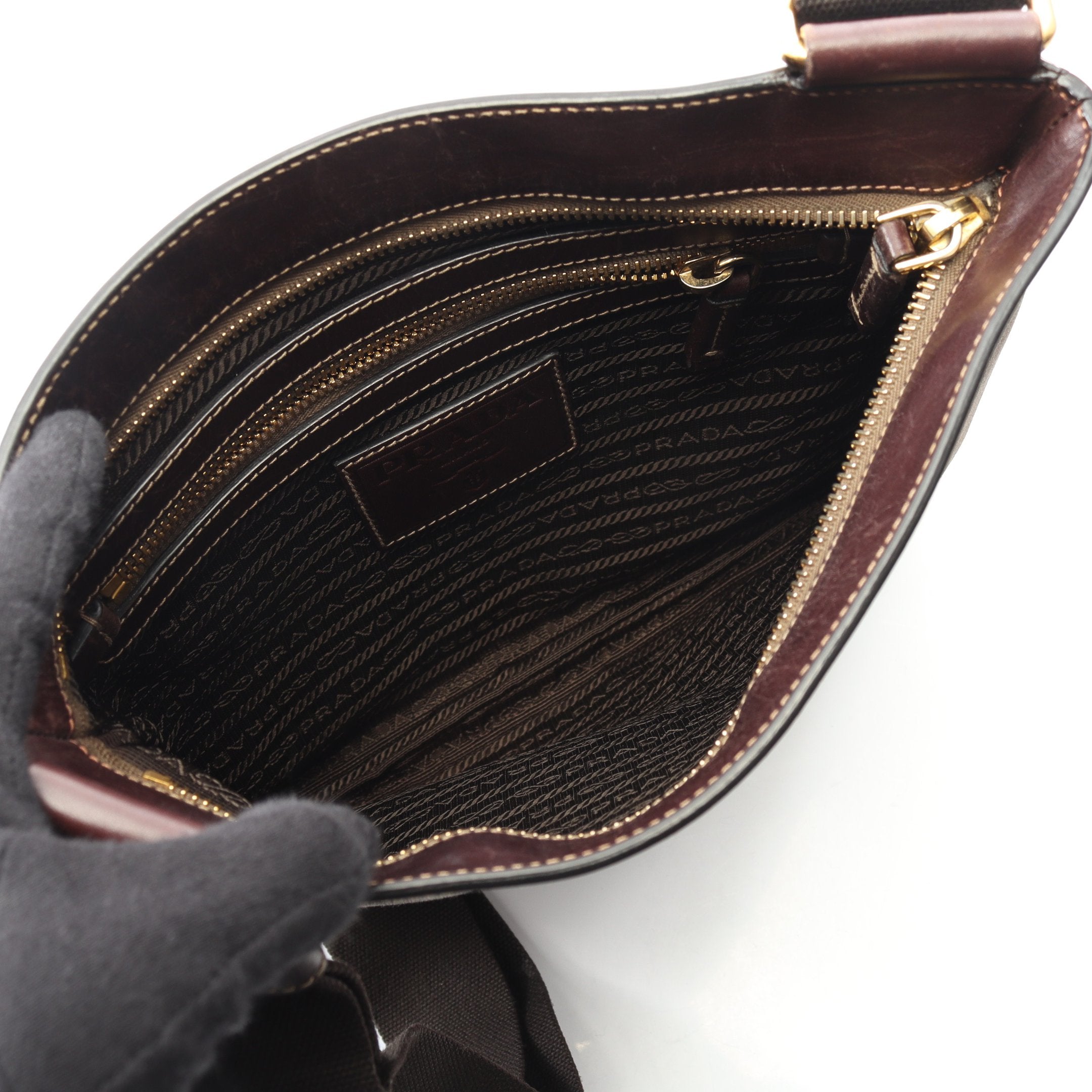 ショルダーバッグ ロゴ キャンバス レザー ダークブラウン プラダ – RECLO