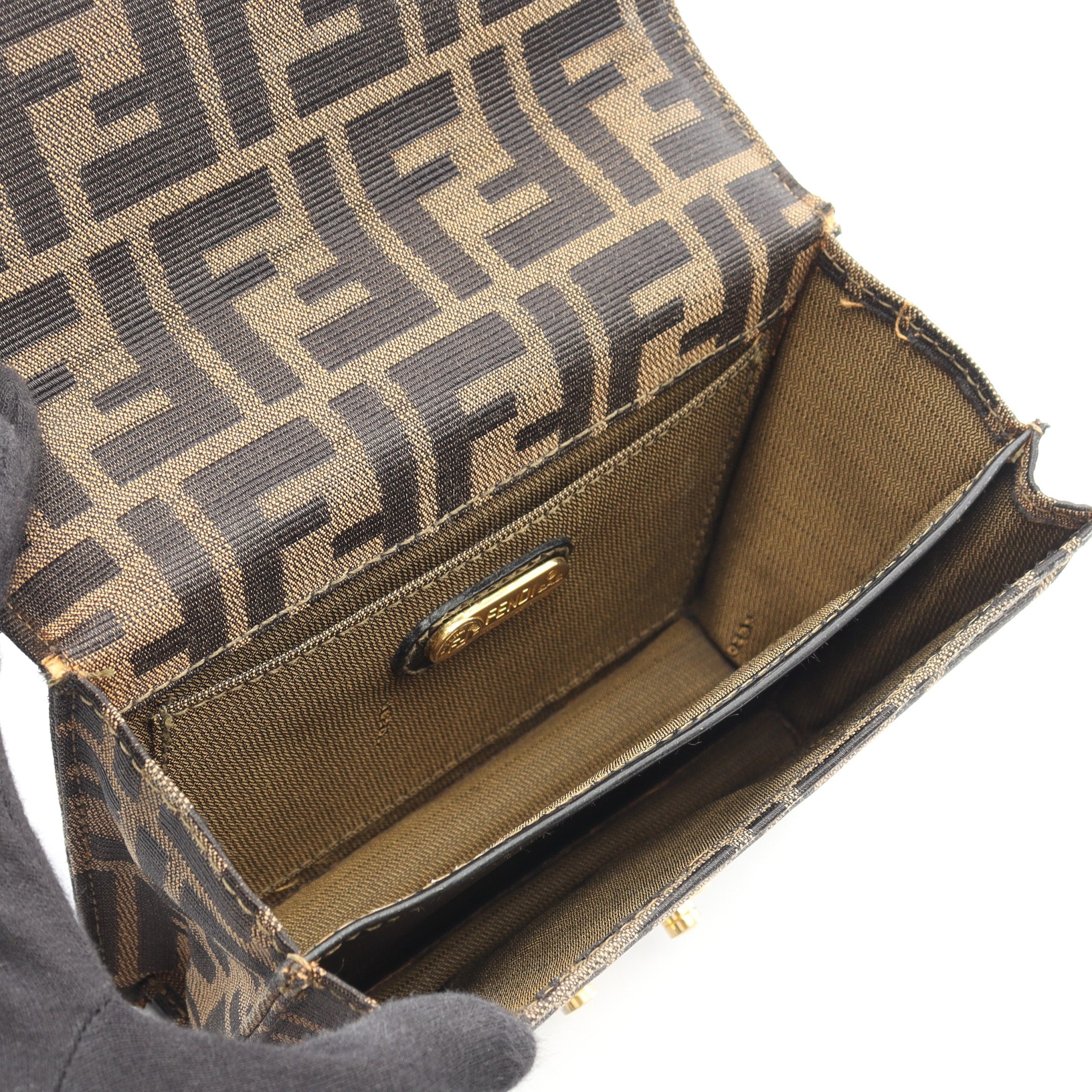 【美品】フェンディ　ショルダーバッグ　ズッカ　FF　キャンバス　レザー　ブラウン フェンディ ズッカ FF キャンバス×レザー ショルダー バッグ ブラウン