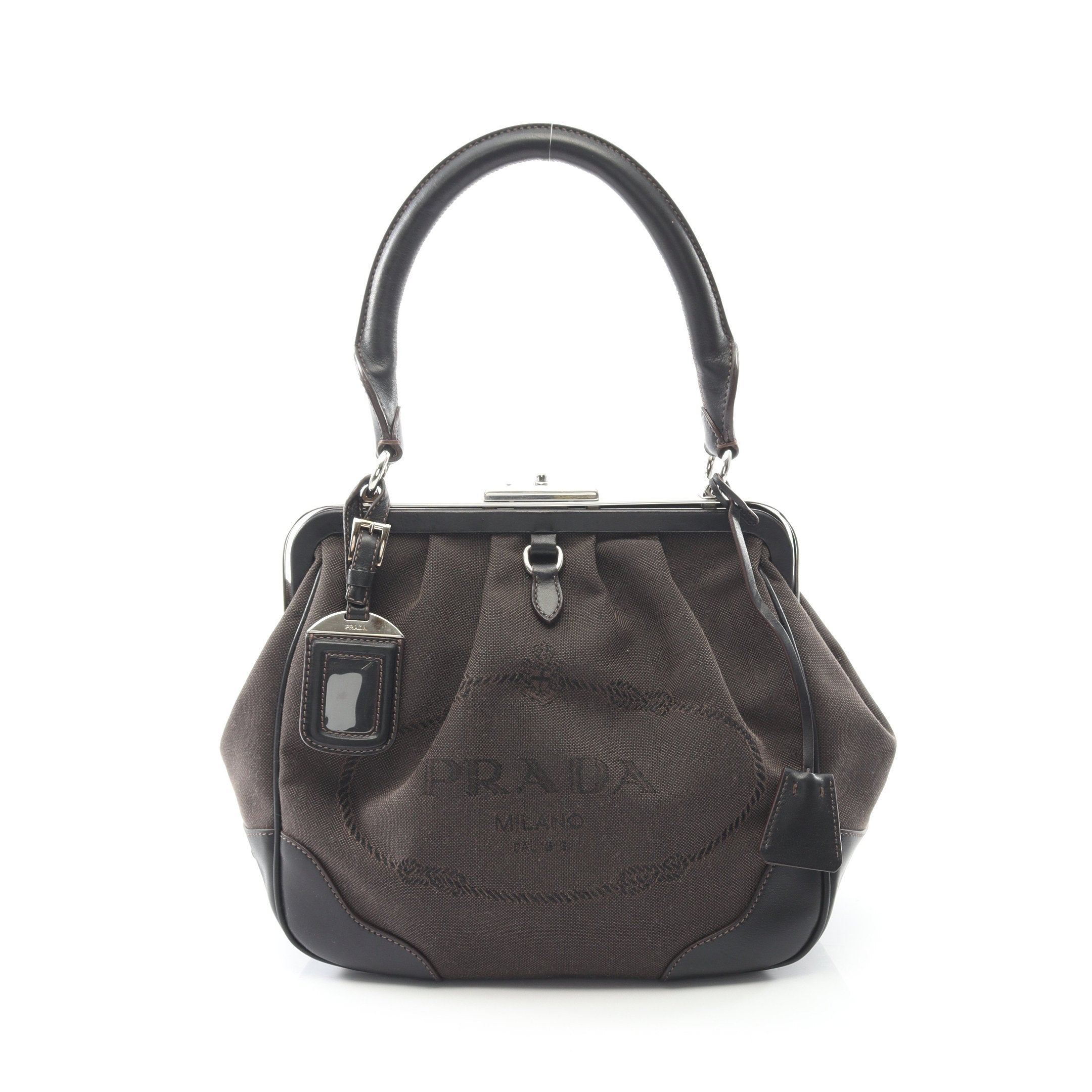 希少【正規店】PRADA ロゴジャガード　キャンバス　レザーハンドバッグ LOGO JACQUARD ロゴジャガード ハンドバッグ キャンバス レザー ダーク