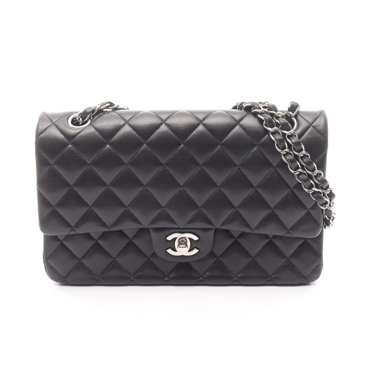 マトラッセ Wフラップ Wチェーンショルダーバッグ ラムスキン ブラック シルバー金具 シャネル バッグ CHANEL