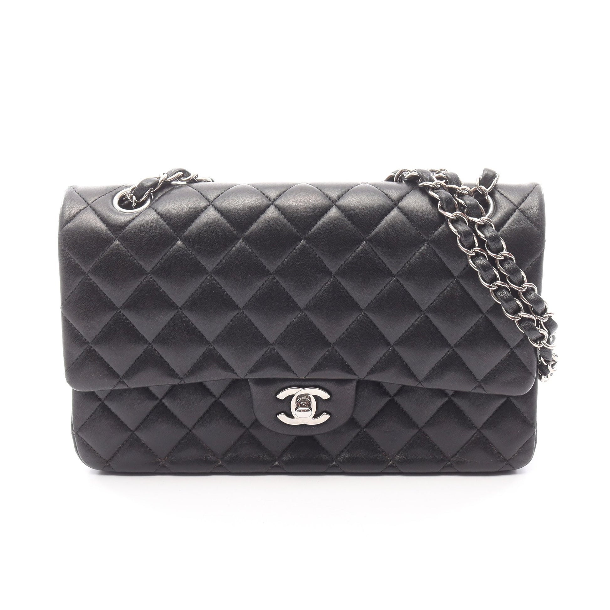マトラッセ Wフラップ Wチェーンショルダーバッグ ラムスキン ブラック シルバー金具 シャネル バッグ CHANEL