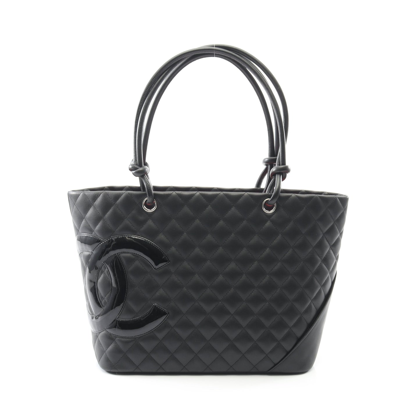カンボンライン ラージ ショルダーバッグ トートバッグ レザー エナメルレザー ブラック シルバー金具 シャネル バッグ CHANEL