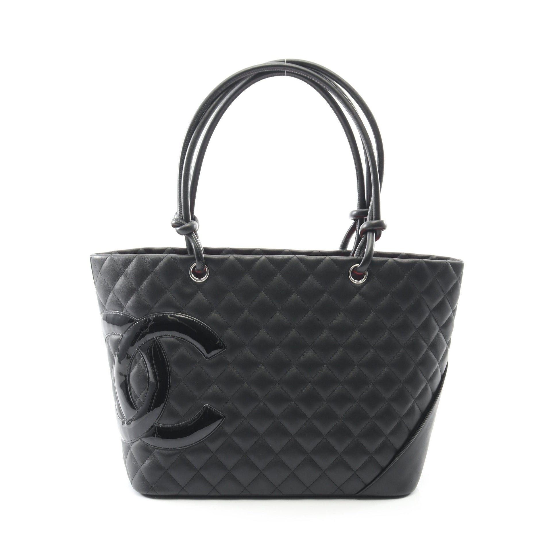 カンボンライン ラージ ショルダーバッグ トートバッグ レザー エナメルレザー ブラック シルバー金具 シャネル バッグ CHANEL
