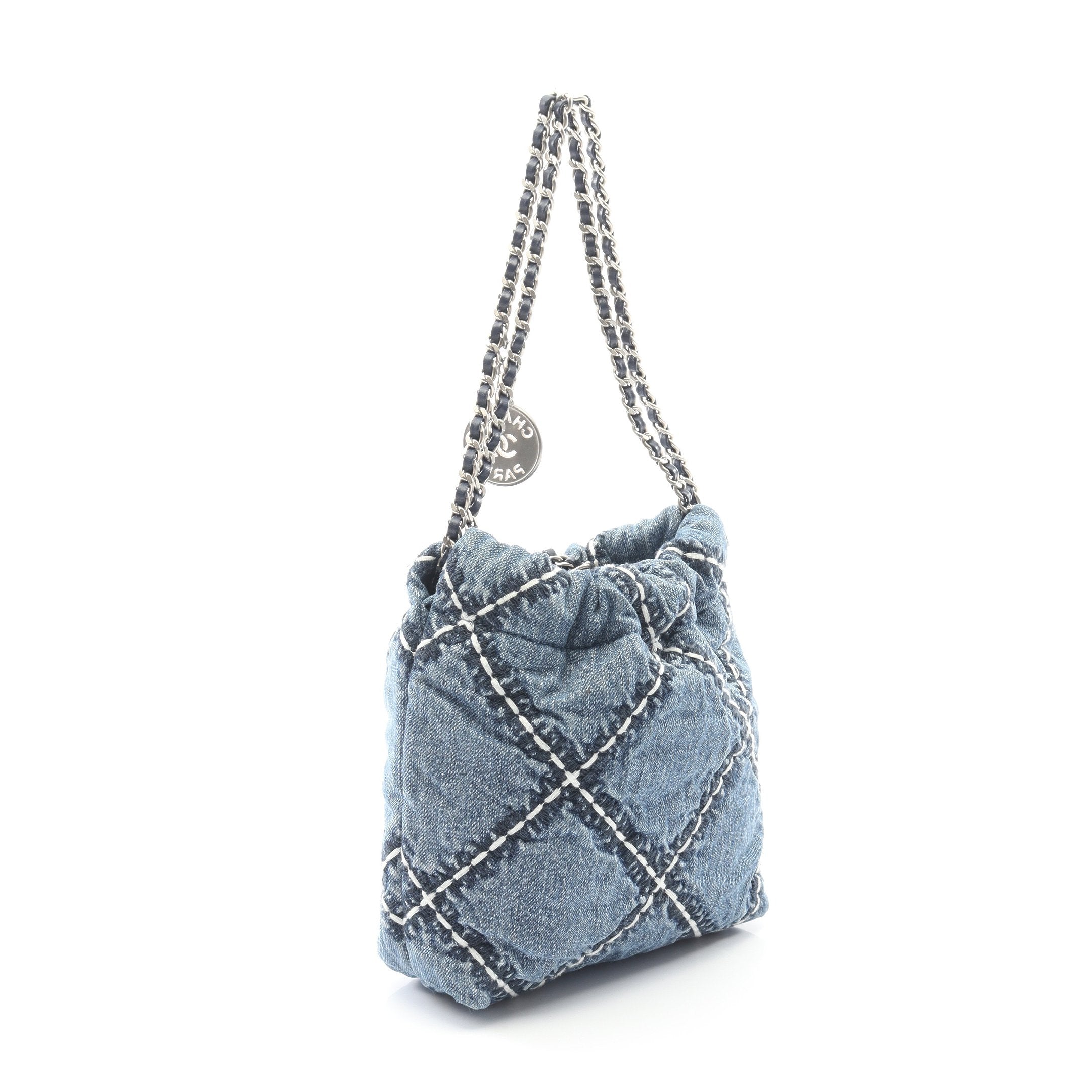CHANEL 22 ミニ チェーンショルダーバッグ デニム レザー ブルー