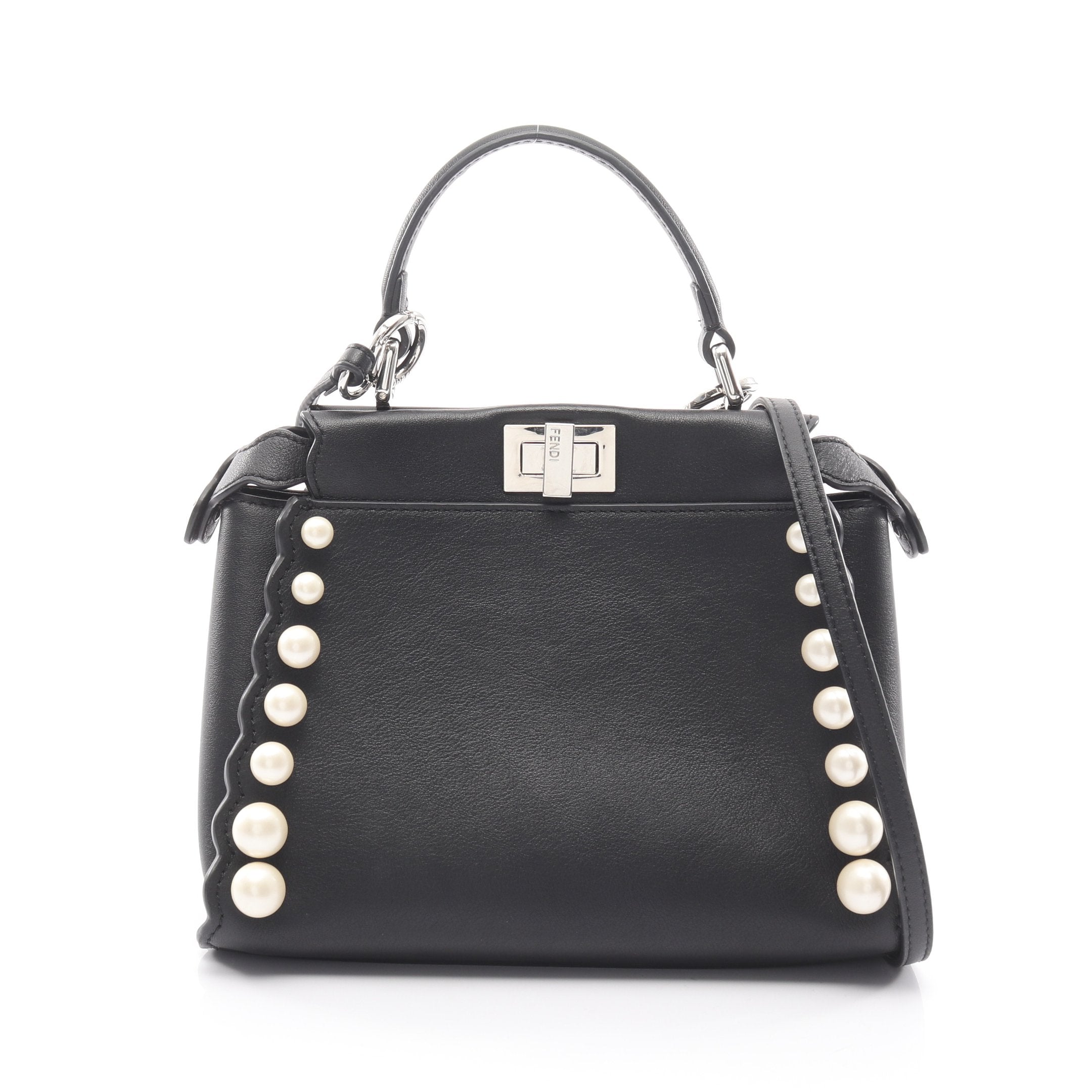 美品 FENDI フェンディ ミニ ピーカブー パール 2WAY ハンドバッグ ミニピーカブー ハンドバッグ フェイクパール レザー ブラック 2WAY