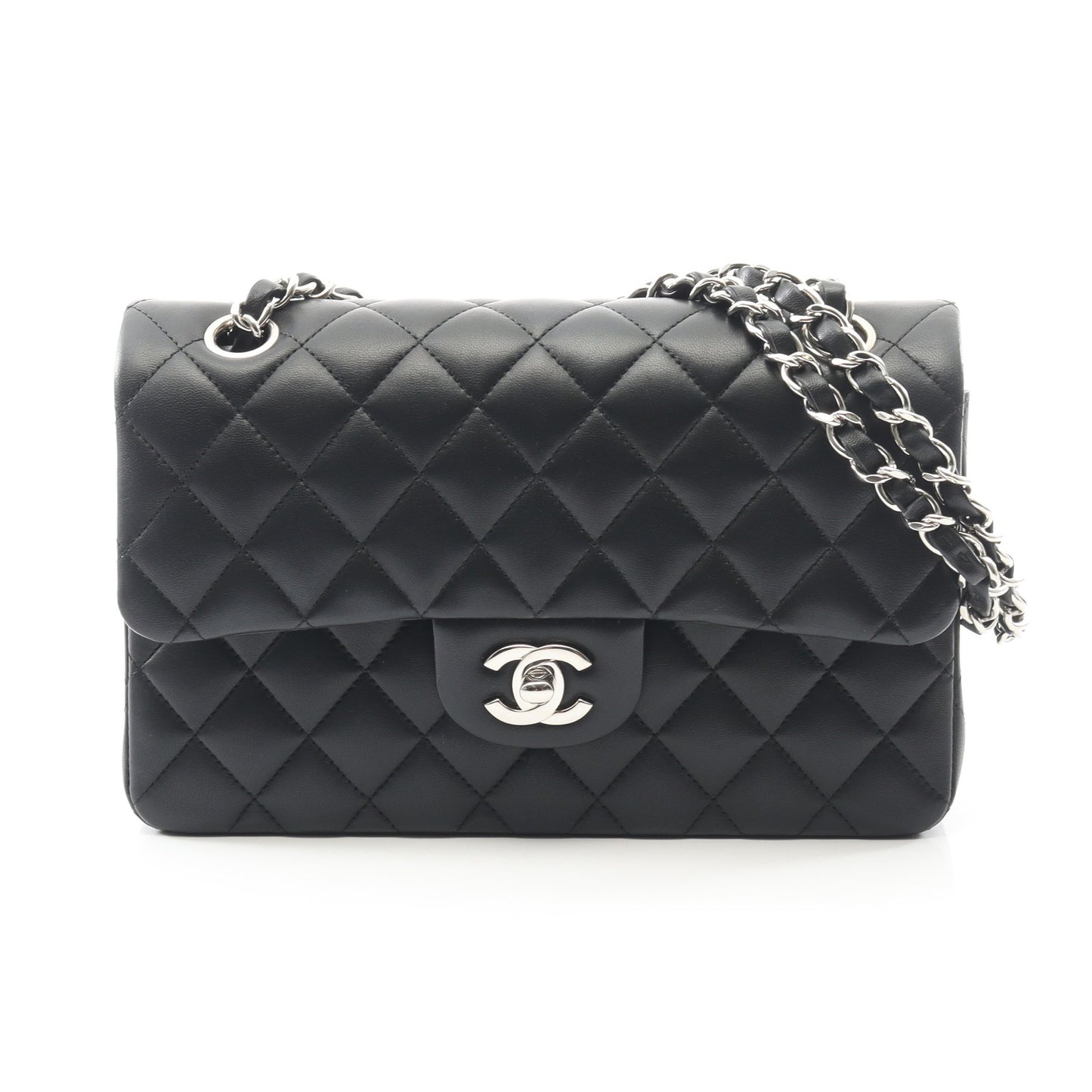 マトラッセ Wフラップ Wチェーンショルダーバッグ ラムスキン ブラック シルバー金具 シャネル バッグ CHANEL