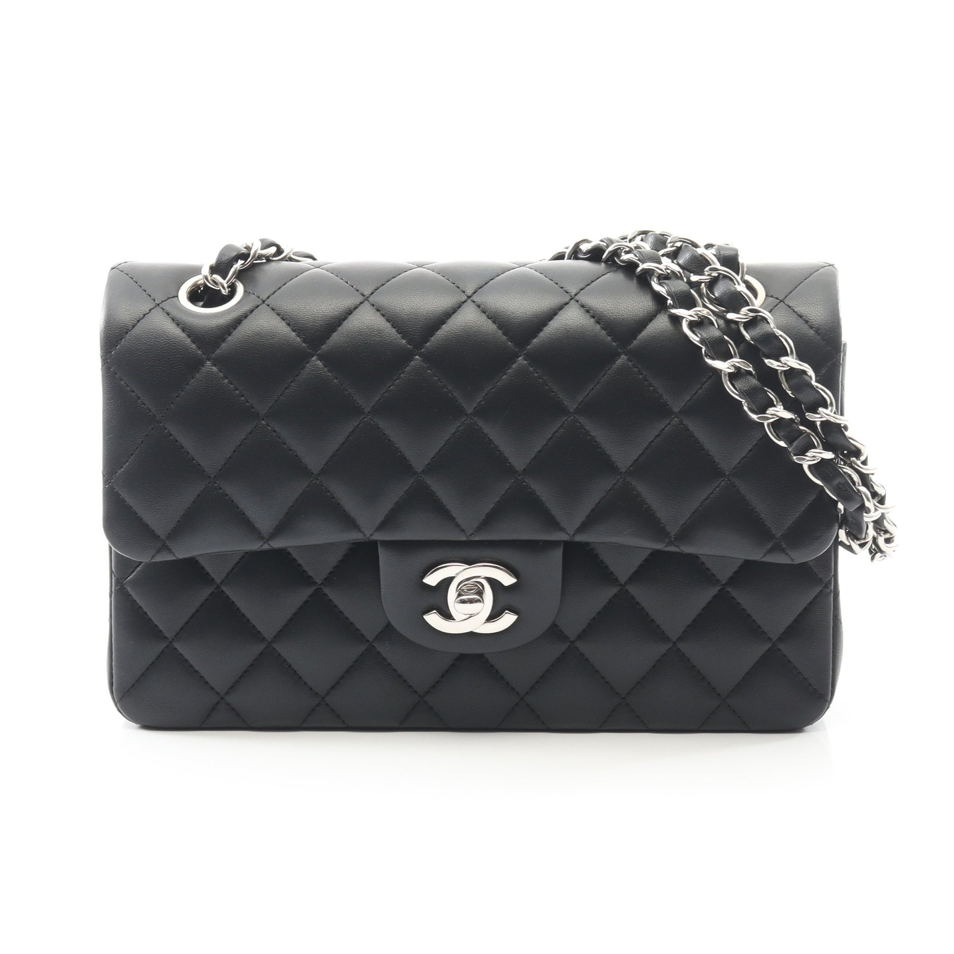 マトラッセ Wフラップ Wチェーンショルダーバッグ ラムスキン ブラック シルバー金具 シャネル バッグ CHANEL