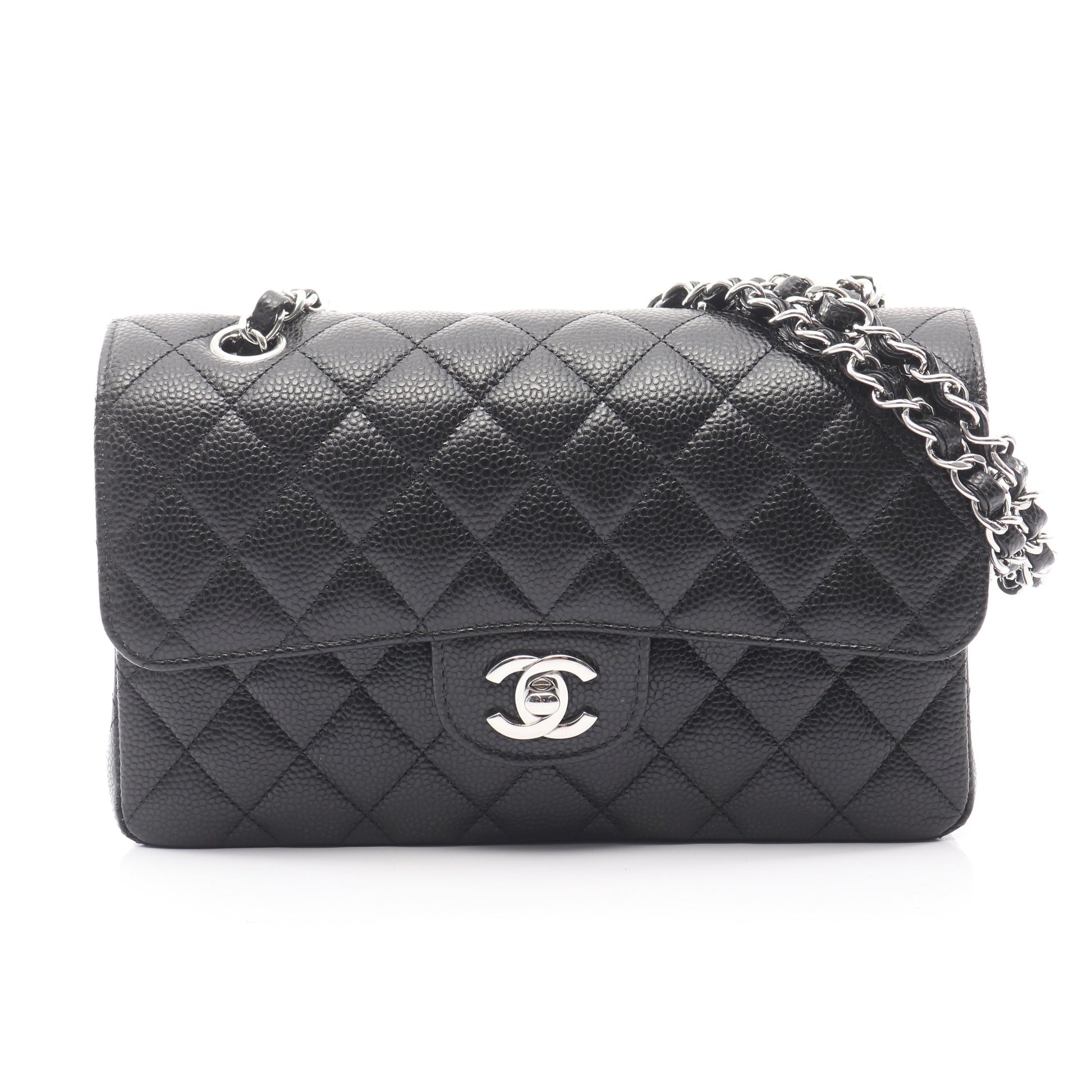 マトラッセ Wフラップ Wチェーンショルダーバッグ キャビアスキン ブラック シルバー金具 シャネル バッグ CHANEL