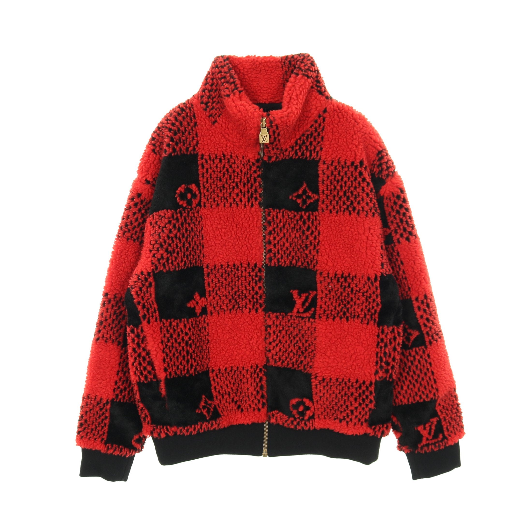 【中古】ルイヴィトン LOUIS VUITTON 24AW ダミエ フリース ジャケット ブルゾン ボア ジップアップ チェック L 赤 ダミエ フリース ブルゾン ボア チェック ウール レッド ブラック ルイ